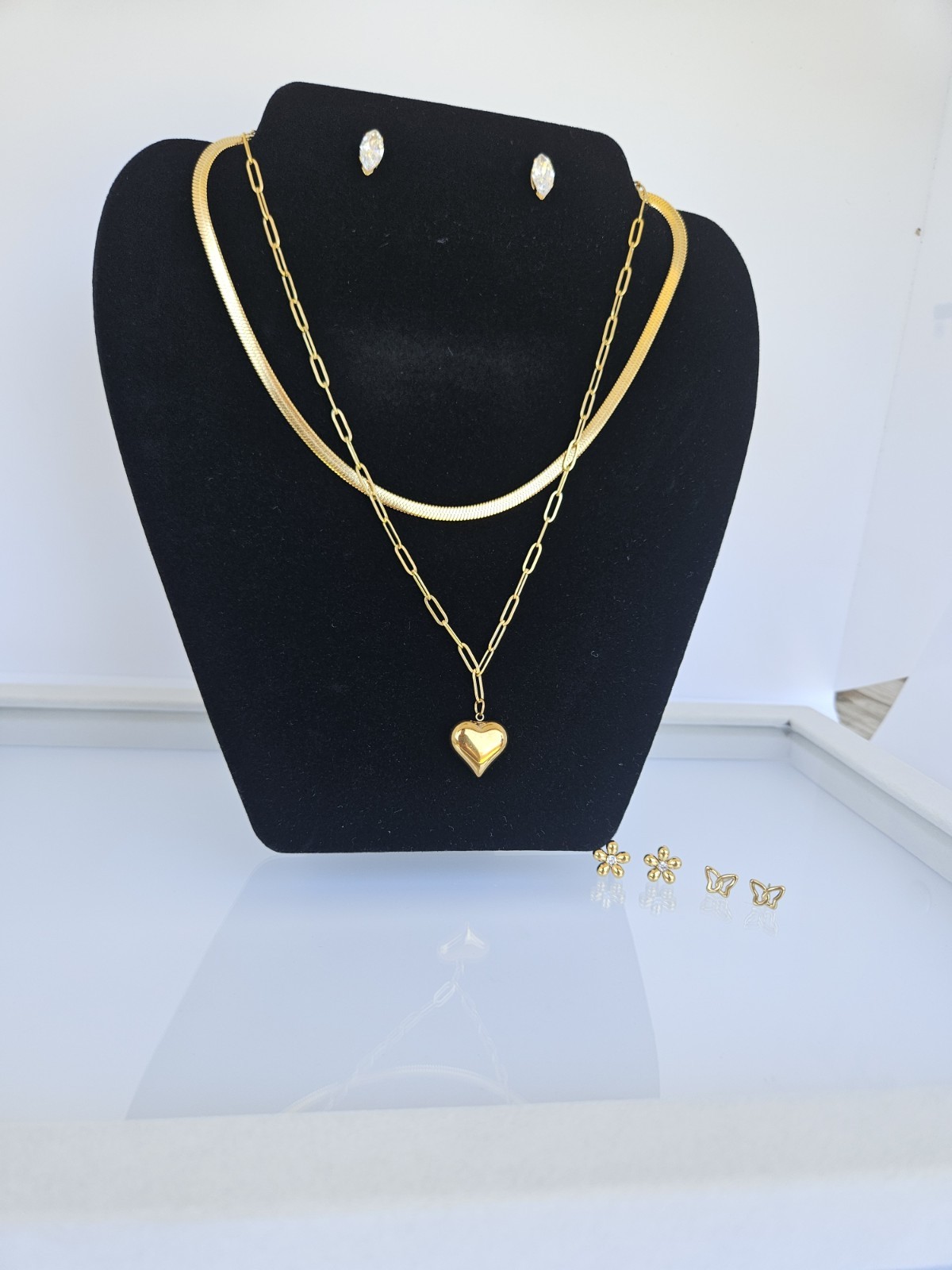 18K Gold Plated Stainless Steel Layered Heart Necklace & 3-Pair Earring Stud Set
