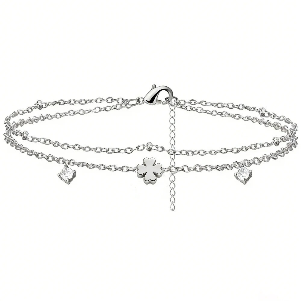 Women’s 925 Silver Plated CZ Heart Anklet Waterproof Foot Bracelet