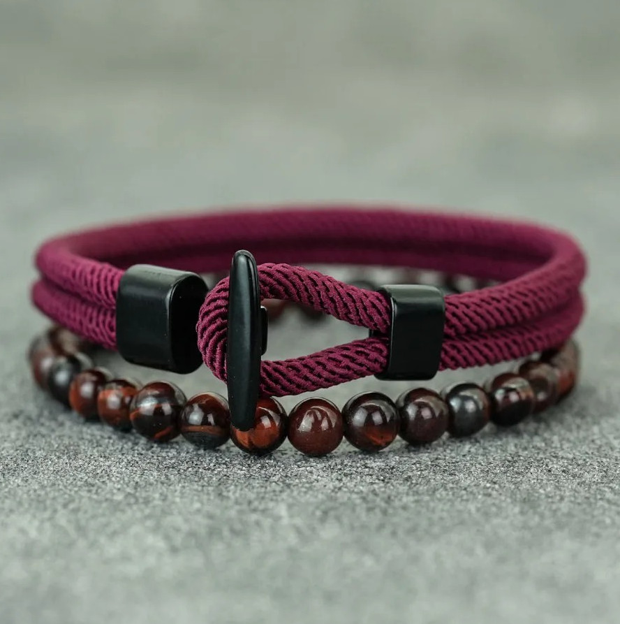 2PCS Men’s Beaded Rope Bracelet Set Tiger Eye & Malachite Stone Handmade Jewelry