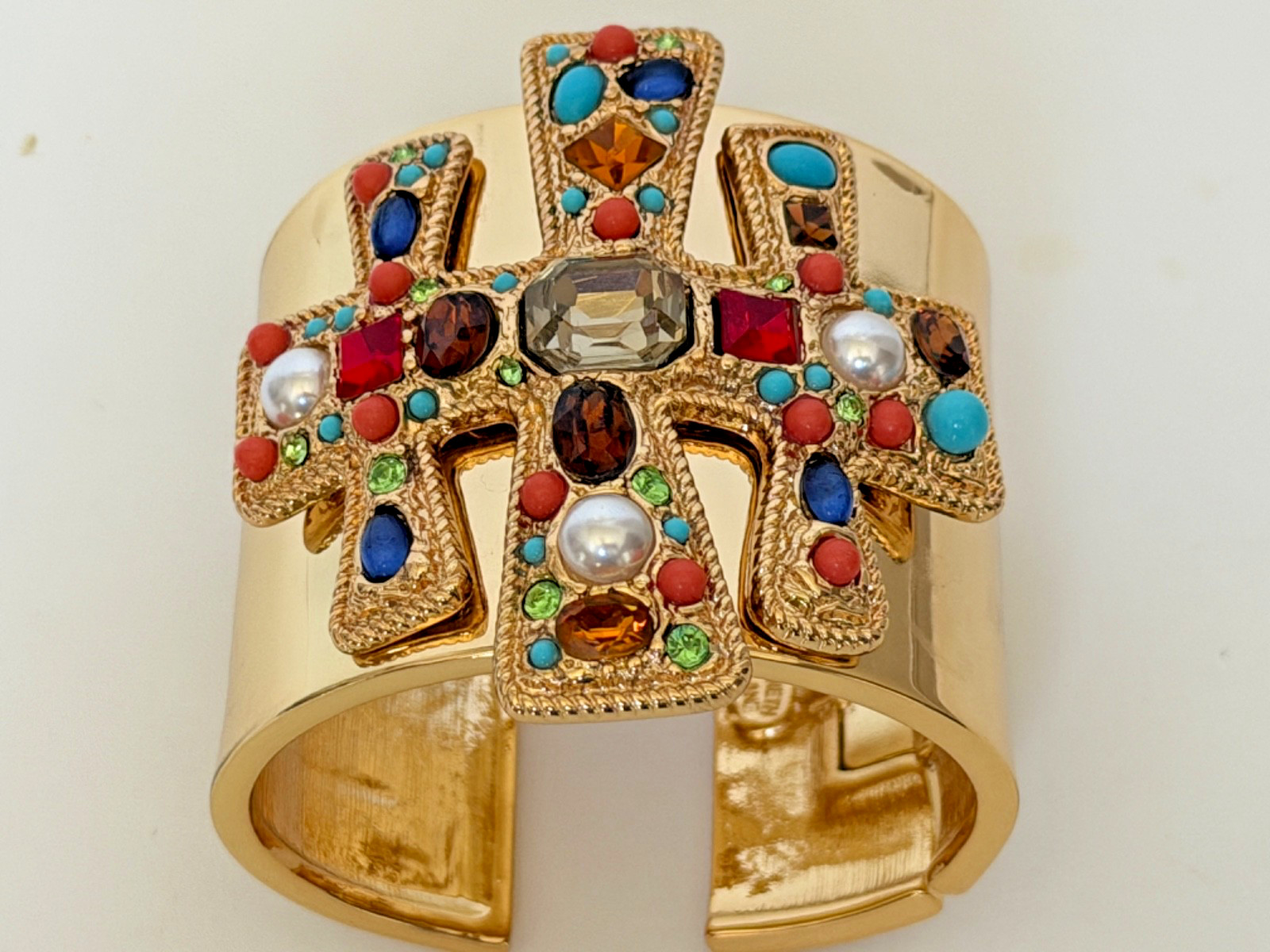 Kenneth Jay Lane gold multicolor gem hinged cuff bracelet made in USA Hinged New
