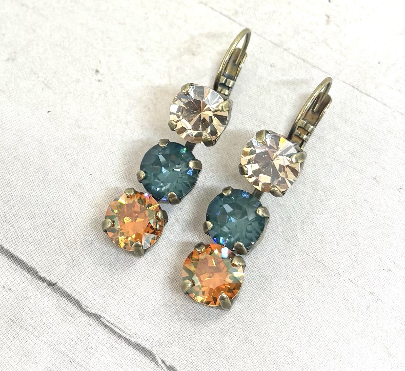 Fall Antique Brass Plated Pine Green Ignite Triple Stone Cup Chain Earrings