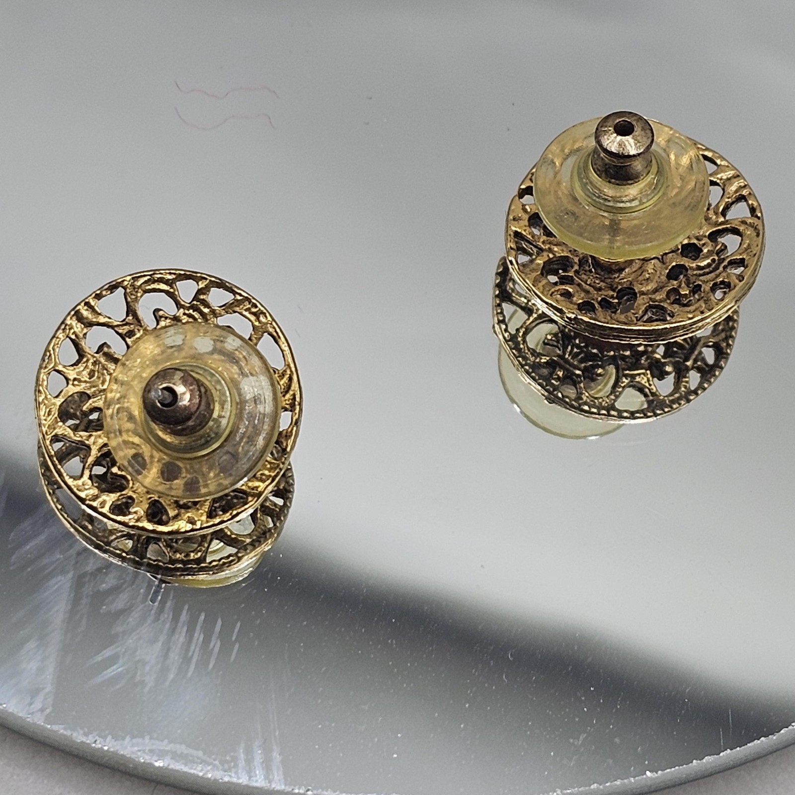 Vintage Cameo Earrings Gold Tone Filigree Round Stud Costume Jewelry