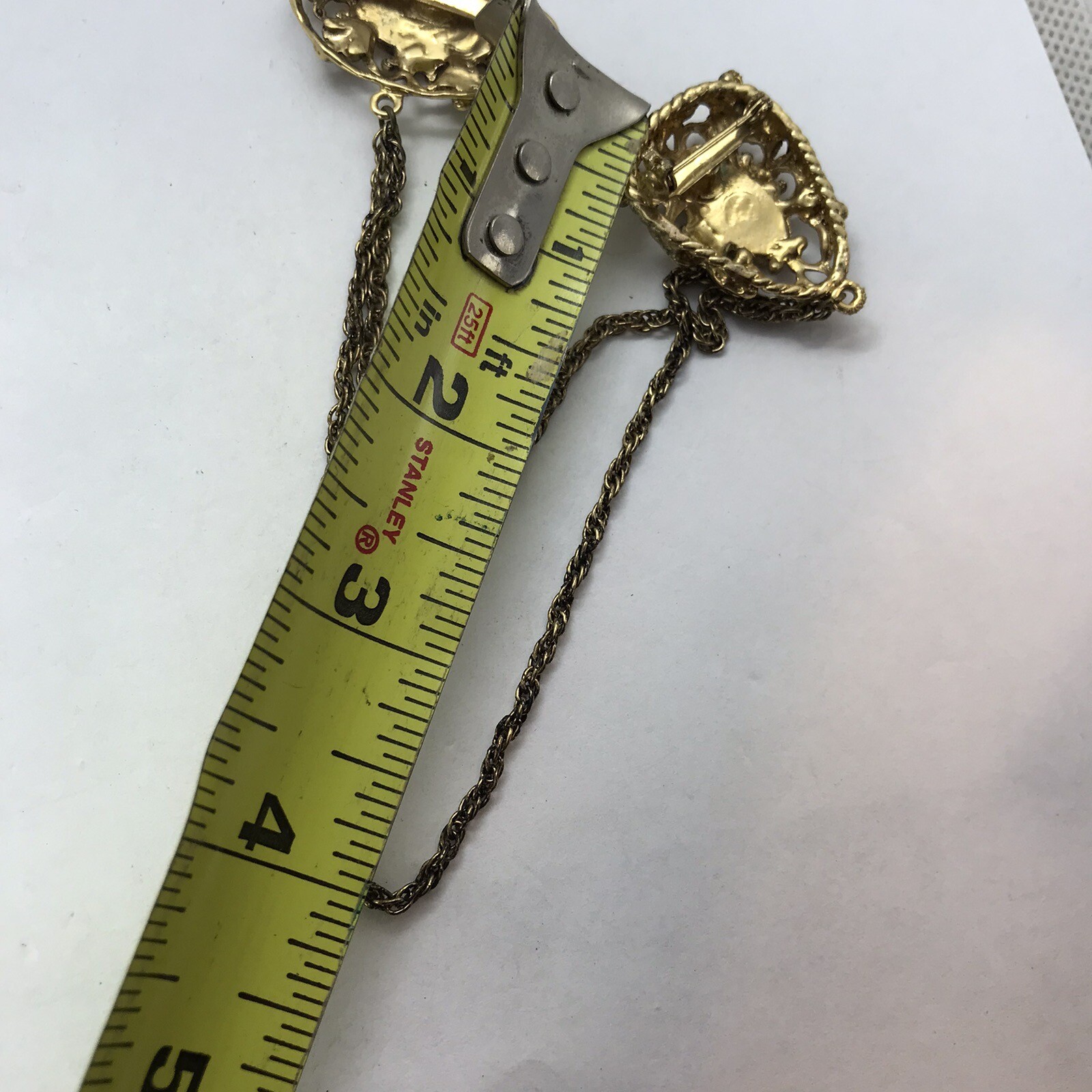 Vintage Brooch Enamel Dangler Chains Double Pin Victorian Revival