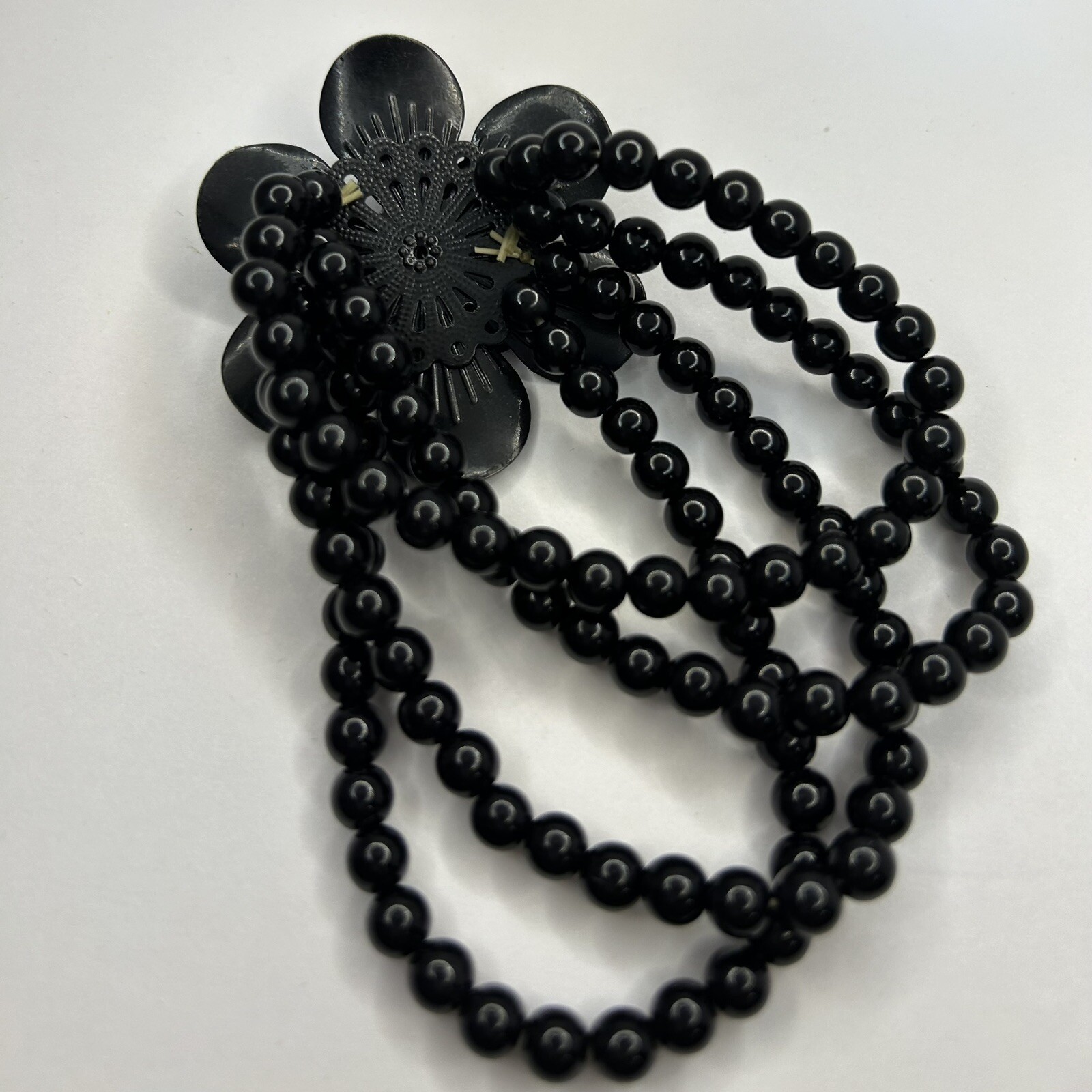 Large 2”” Black Flower Bead Stretch Bracelet Child Or Adult
