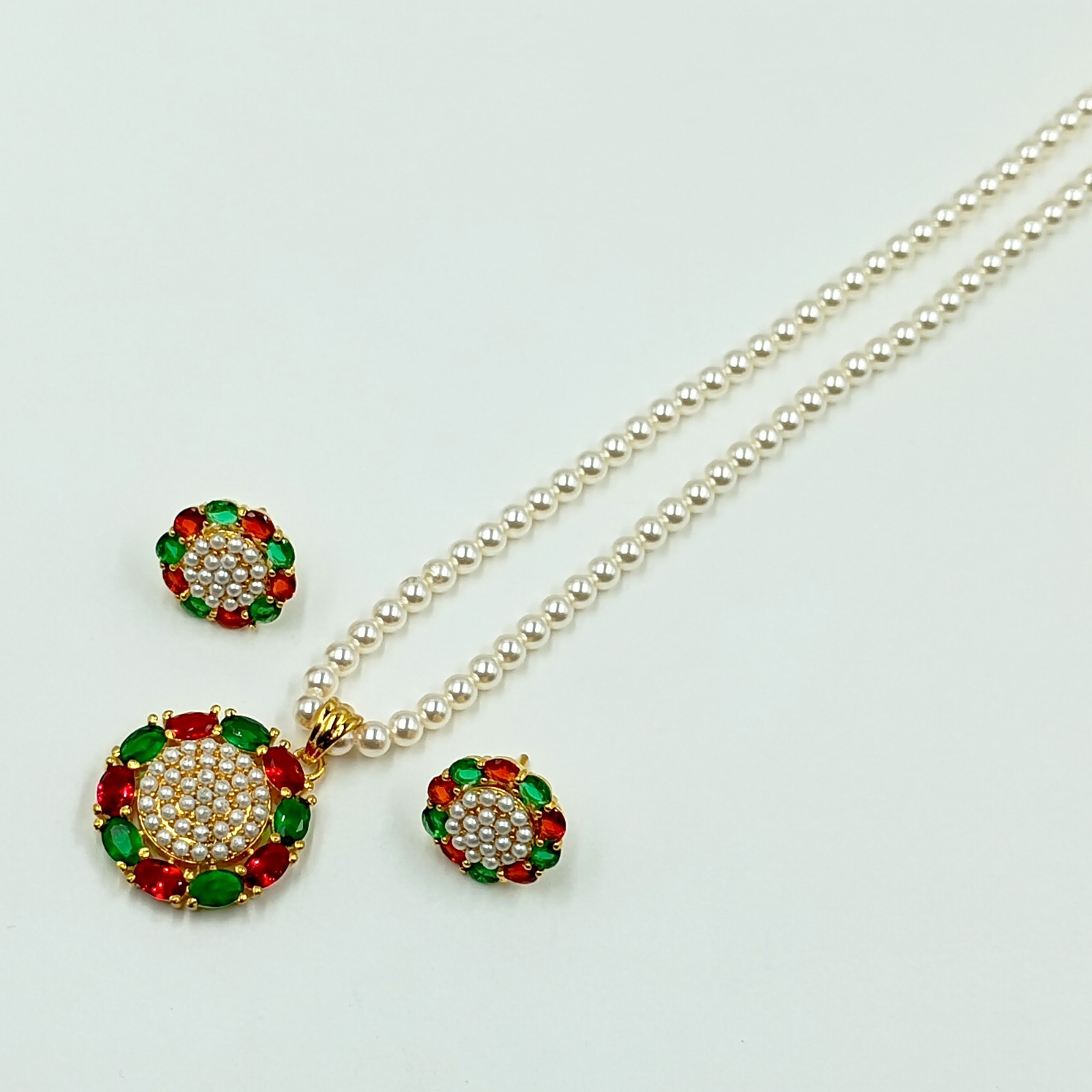 Ruby Emerald Pearl Pendant Studs 22k Gold Plated South Indian Wedding Bridal