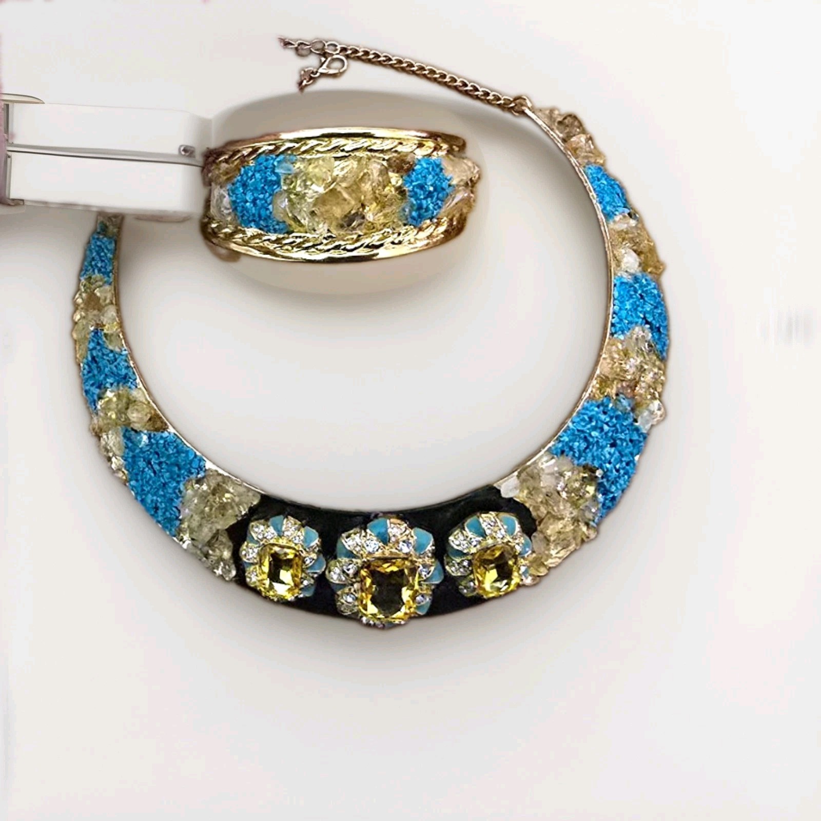 Gold Tone Metal Crescent Bib Statement Necklace, Blue & Black Accents