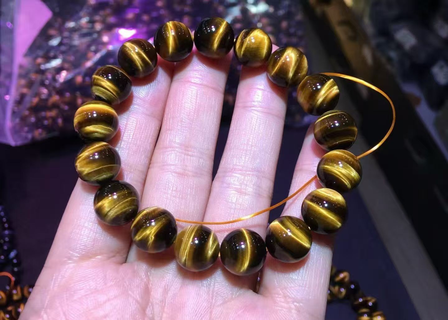 Natural Yellow Tiger’s Eye Gems Big Round Beads Bracelet 12mm AAAAA