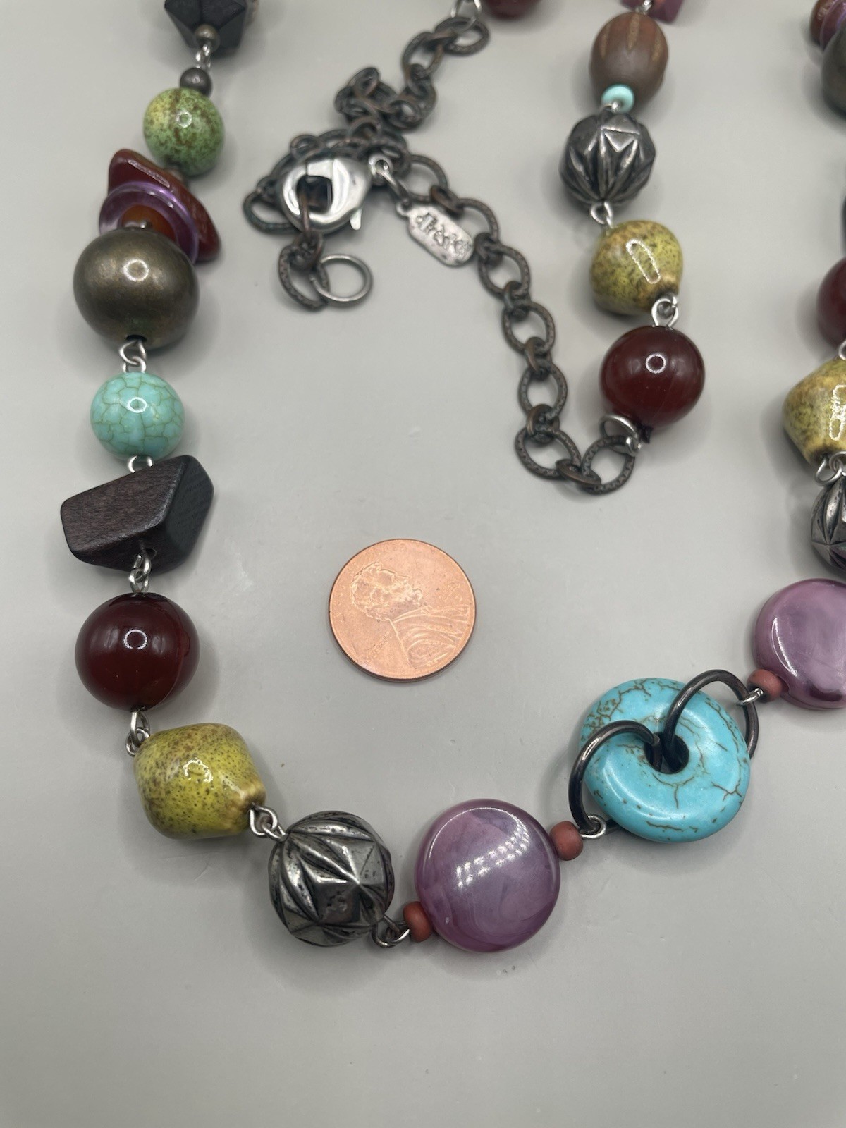 Vintage Signed Treska SilverTone Multicolor Mixed Materials Beaded Boho Necklace