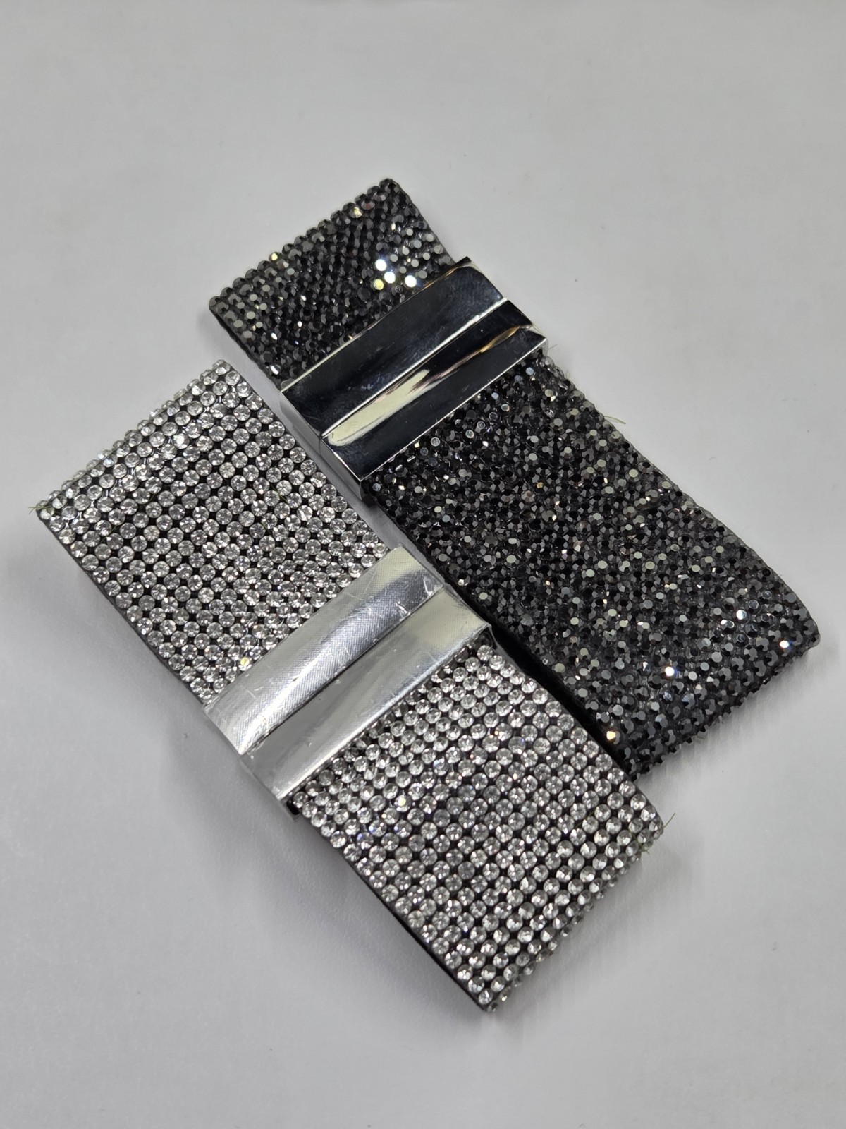 Set Of 2 Crystal Simulated Black Clear Diamond Bracelet Silver Magnetic 7″