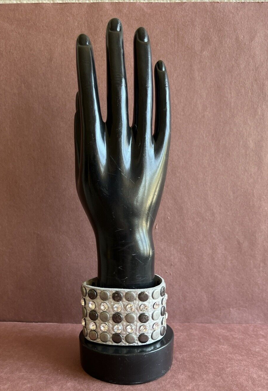 Silver Tone Leather Bracelet with Rows of Studs and Crystals 9 1/2″