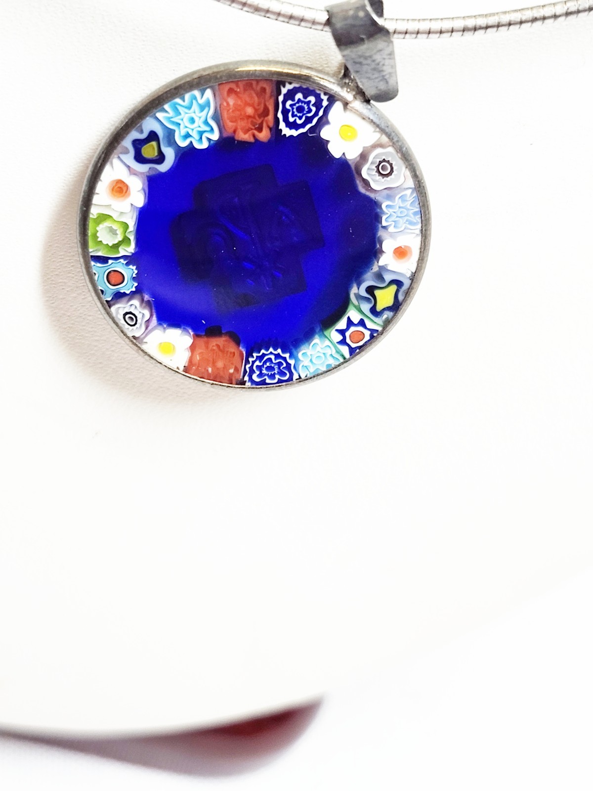925 Sterling Silver Encased Millefiori Glass Pendant Necklace w/ Silver Emblem