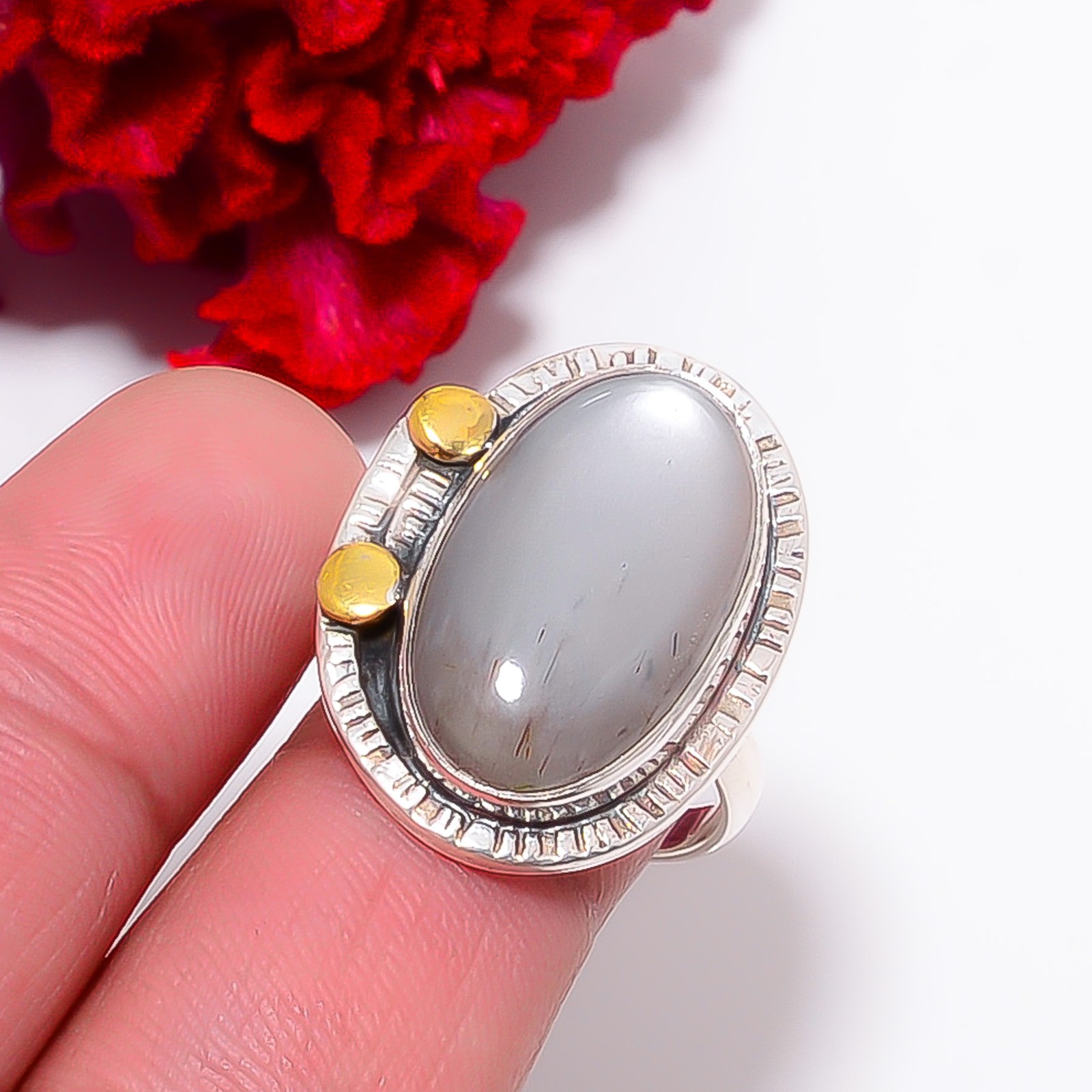 Gray Moonstone – Sri Lanka Two Tone Designer 925 Sterling Silver Ring S.8.5 R212