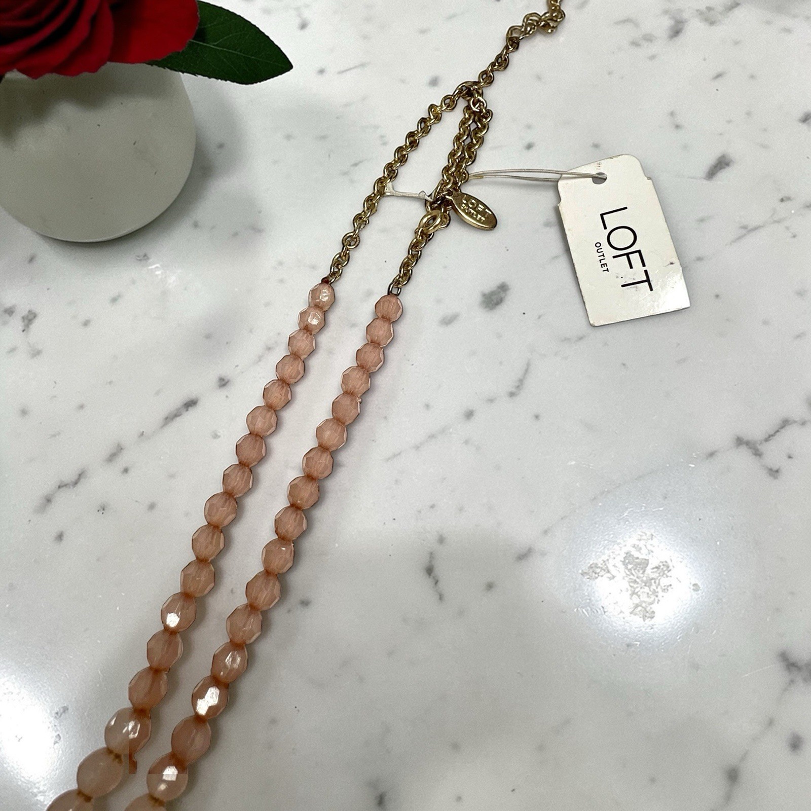 Loft Beaded Tassle Necklace Salmon Pink Color Gold Tone Hoop 26”