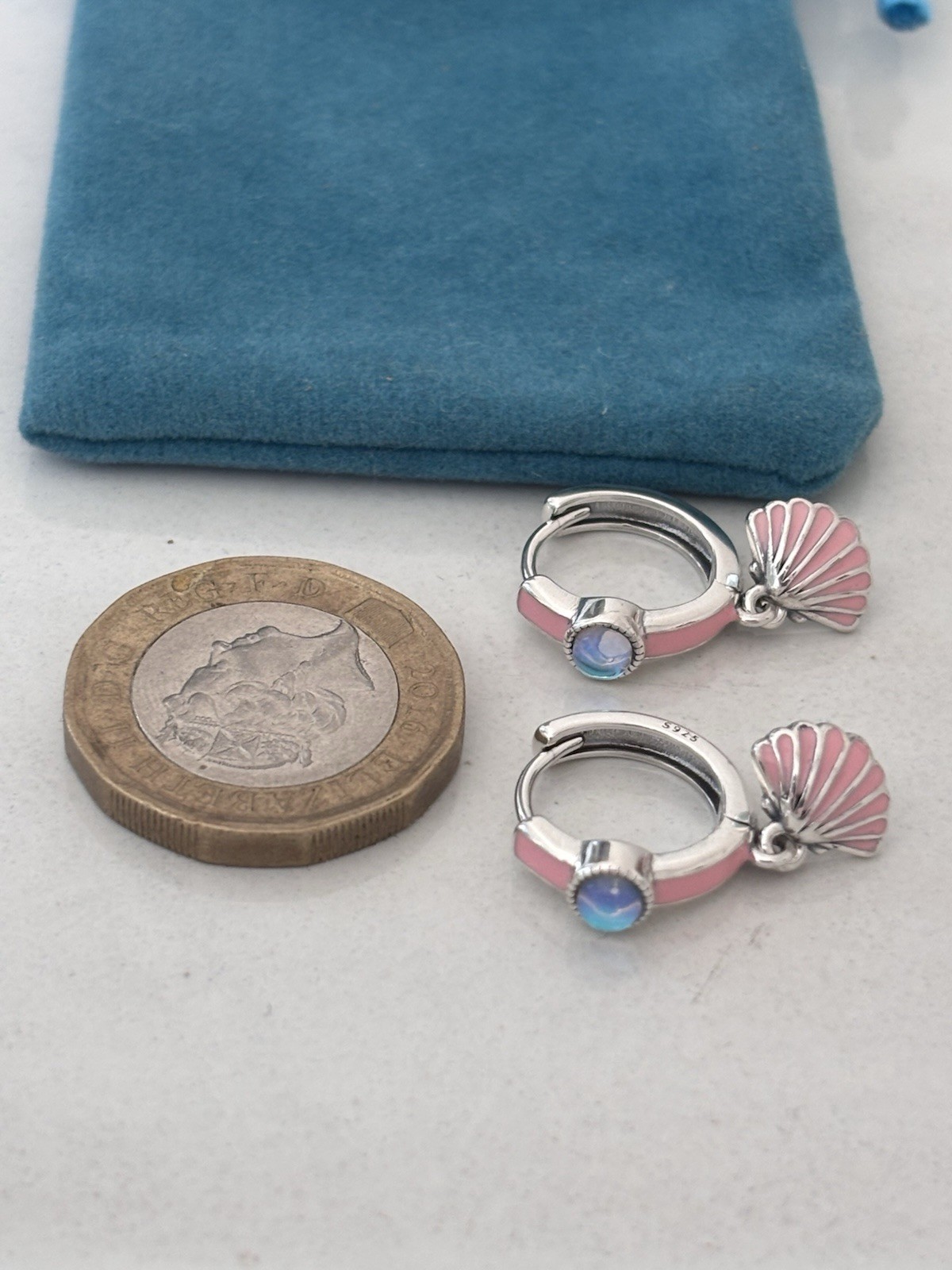 Sterling Silver Hoop Earrings Pink Shell Blue Stone Dangle Beach Gift For Her Uk