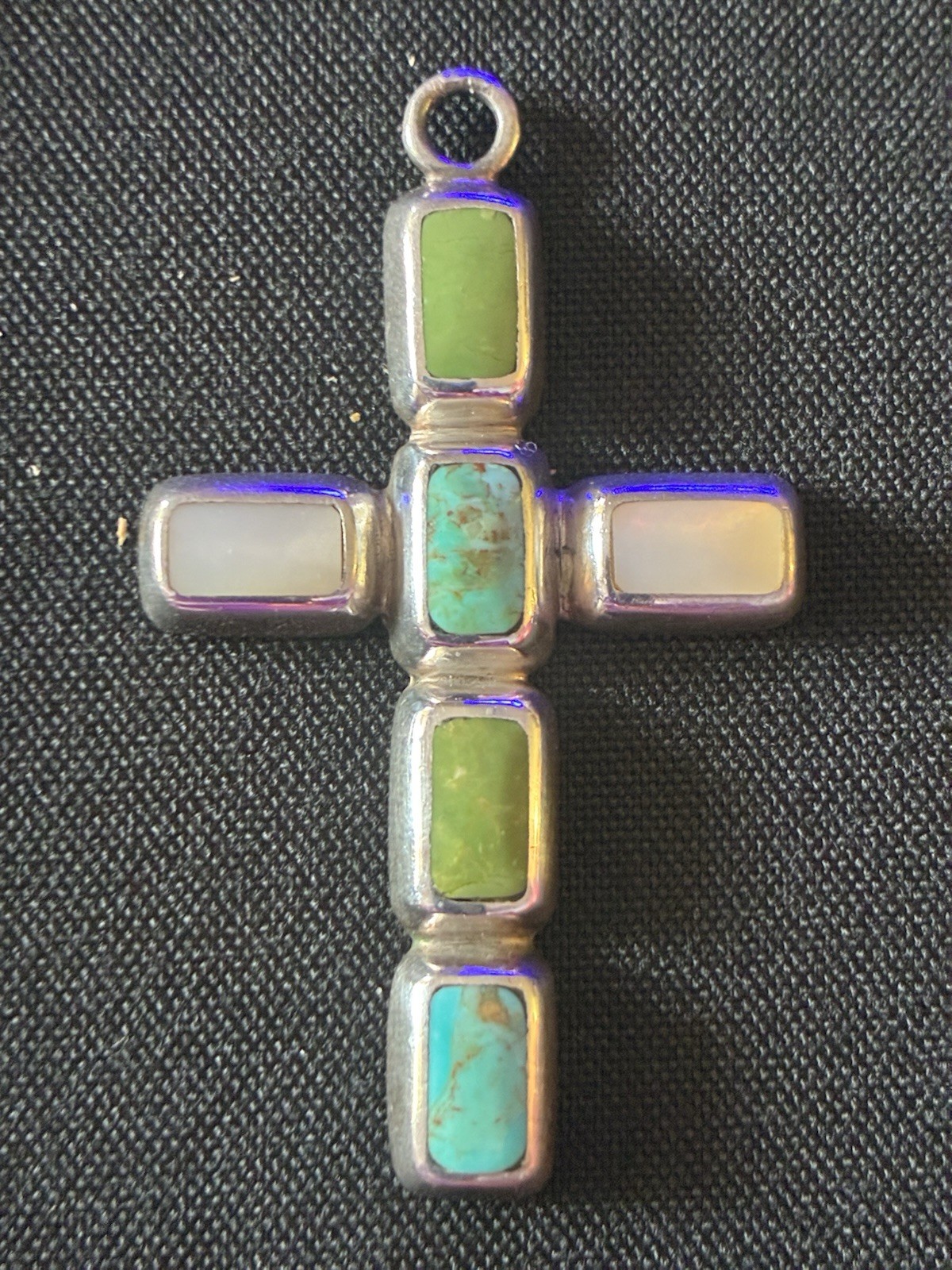 925 Sterling Silver Cross Pendant Turquoise & Mother of Pearl Inlay Signed