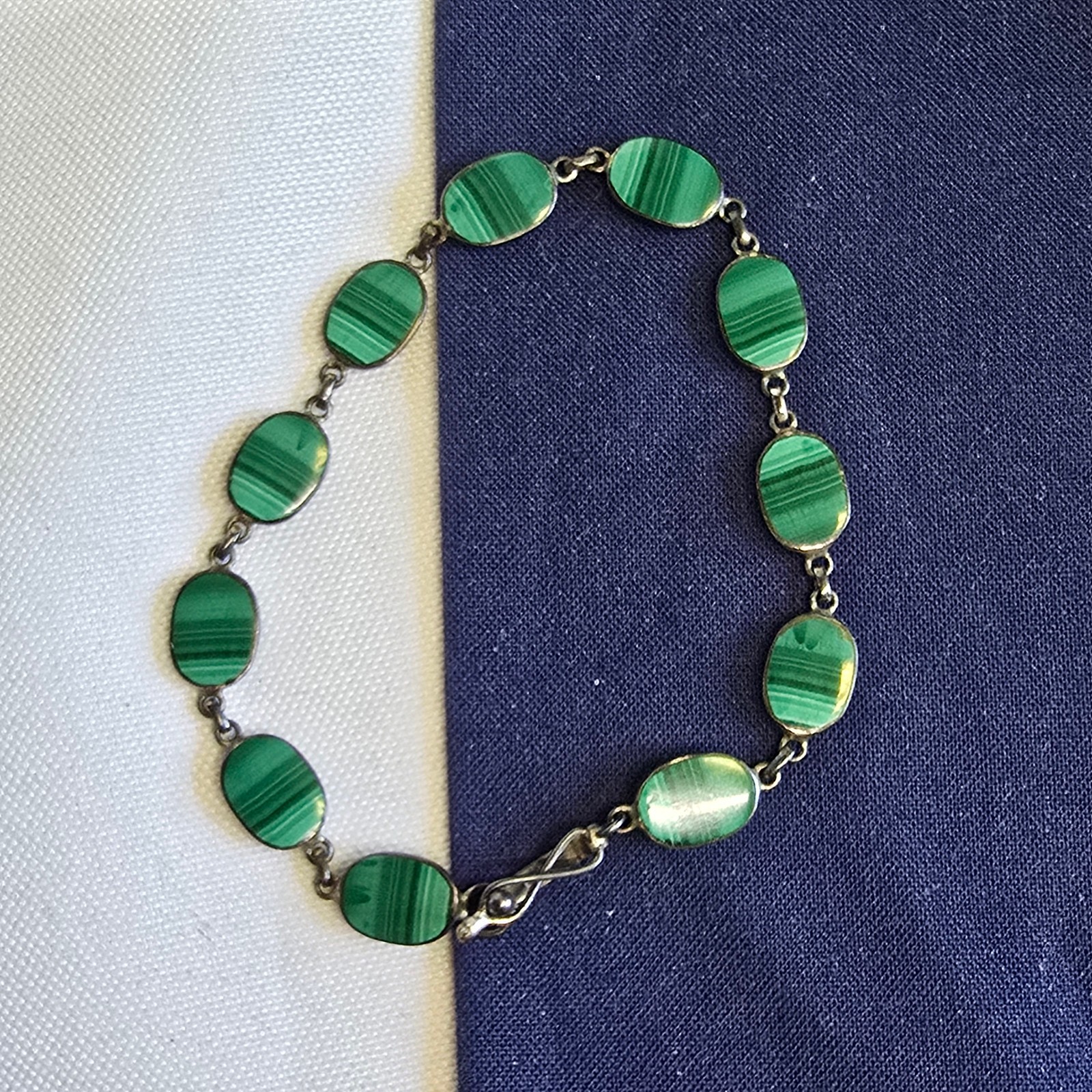 Sterling Silver Bracelet 7.4g Jewelry 7.5″ Malachite Look Unique Clasp *READ*