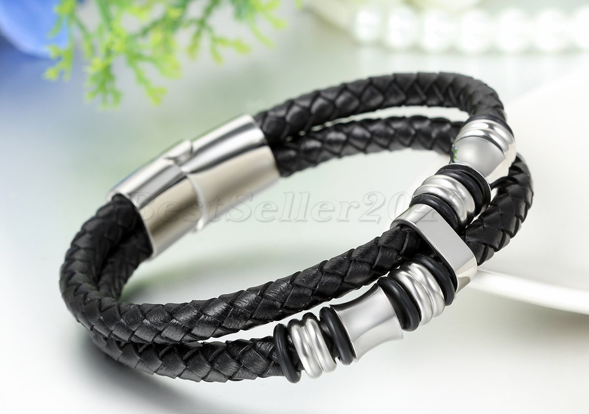 Men Boys Stainless Steel Magnetic Bracelet Leather Braided Wristband 8″,8.5″,9″