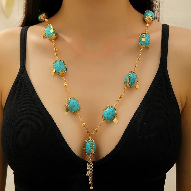 Gold Plated Turquoise Beaded Cable Chain Necklace Oval Blue Stone Tassel