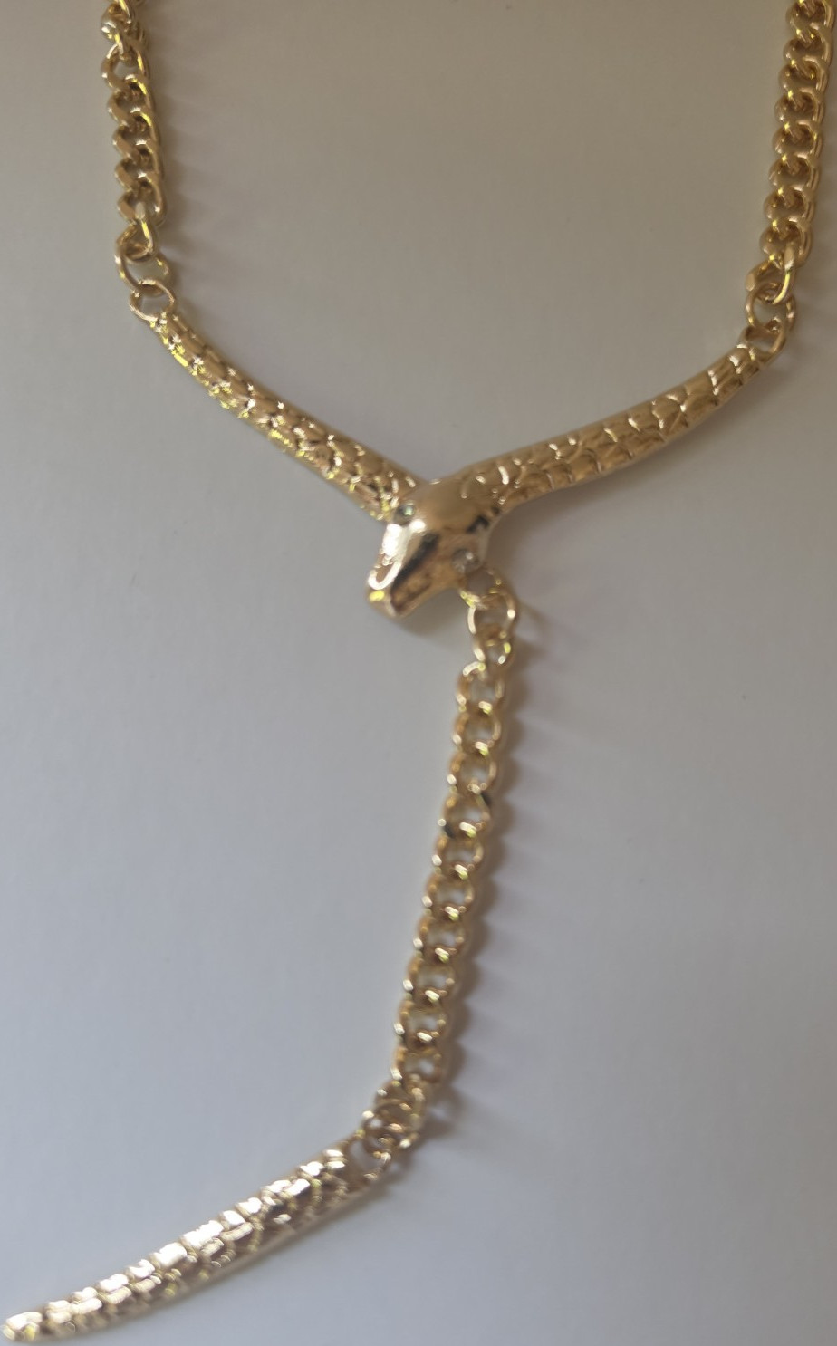 Gold Curb Link Y-Drop Necklace with Snake Charm Pendant Animal Theme Fashion