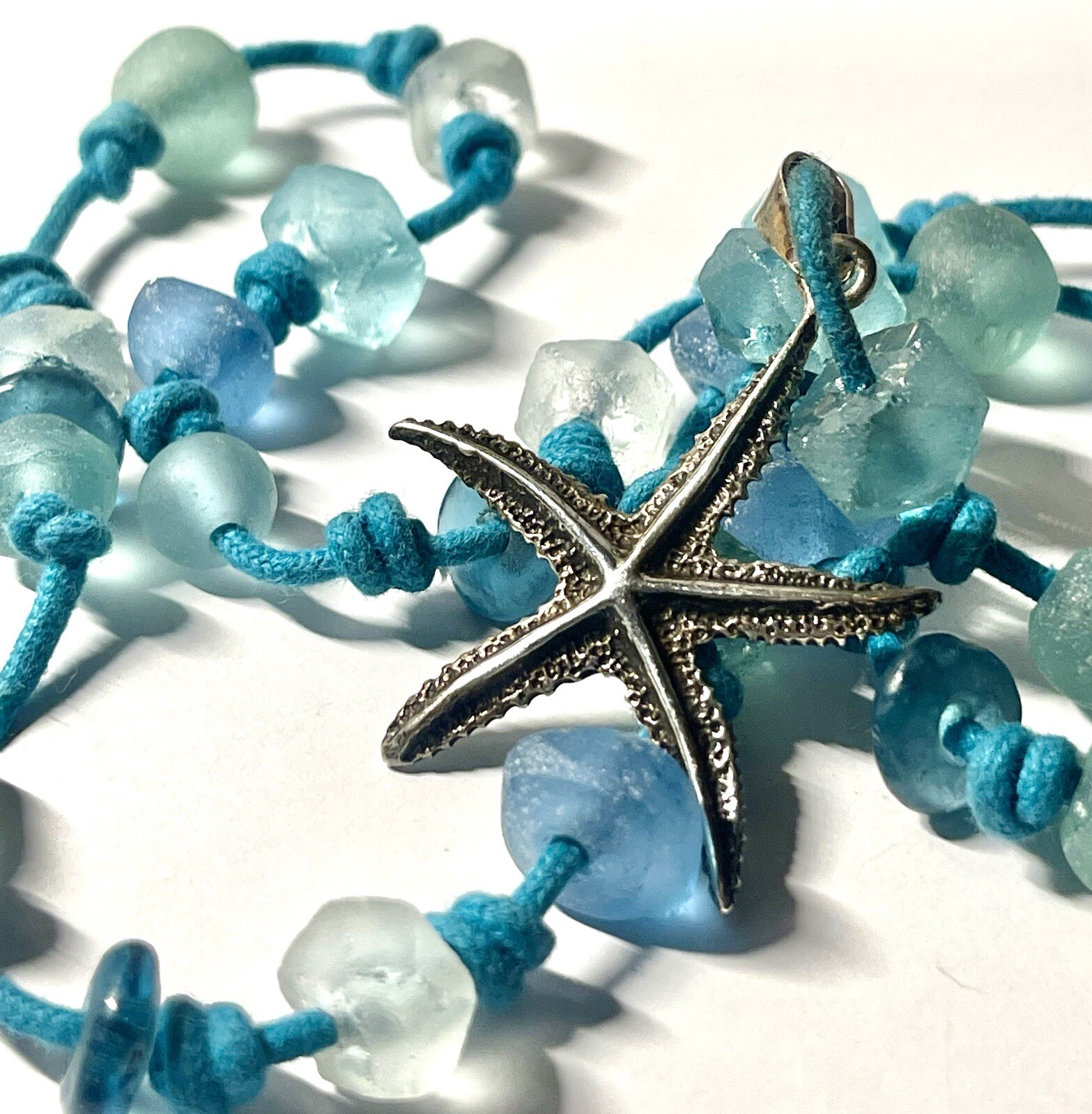 Sterling 925 Star Pendant On Fashion Blue Chord Necklace WithChunky Blue Accents
