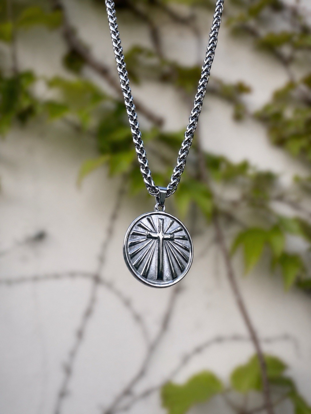 Cross Pendant Necklace Stainless Steel 55cm Wheat Chain Waterproof Unisex 22mm