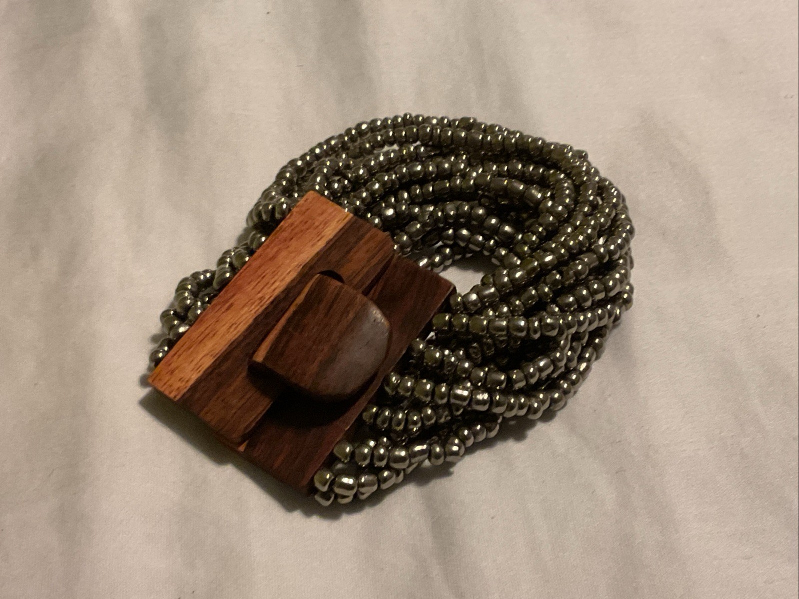 SILVER COLOR Beads BROWN WOODEN BUCKLE BALI STYLE BRACELET 14 STRANDS 8 INCHES