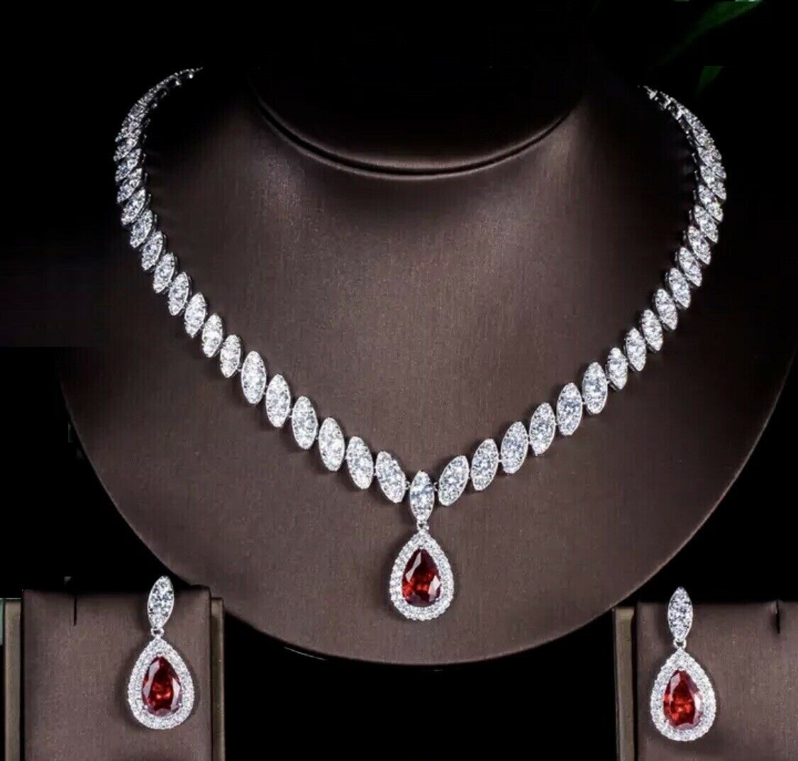 18k White Gold Plated Red Tennis Necklace Earrings Set made w Swarovski Crystal