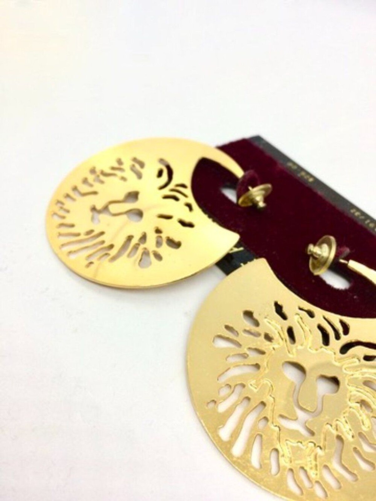 VINTAGE ANNE KLEIN Earrings Gold Tone Lion Logo Cutout Disc Statement 3 Inch