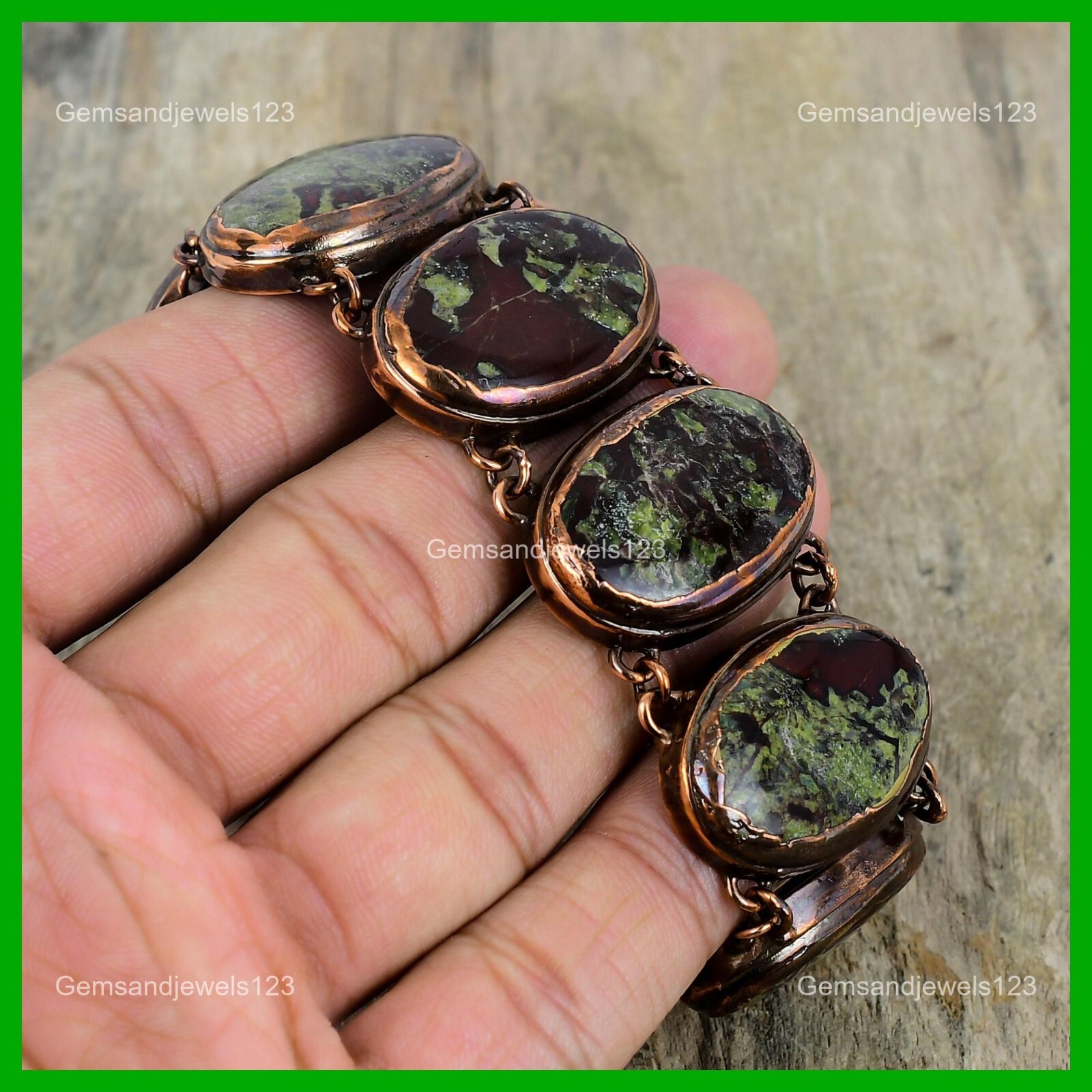 Copper Oval Natural Dragon Bloodstone Bezel Chain Electroformed Bracelet Jewelry