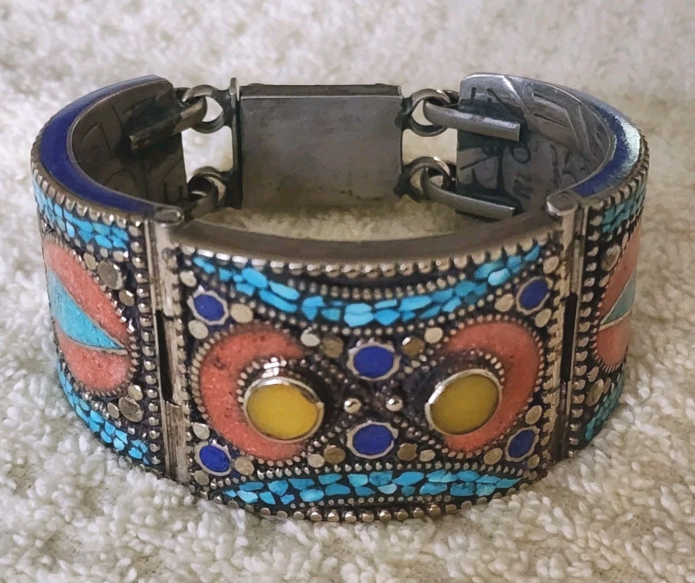 VINTAGE TIBETAN TURQUOISE LAPIS LAZULI CORAL GEMSTONE CUFF BRACELET JEWELRY