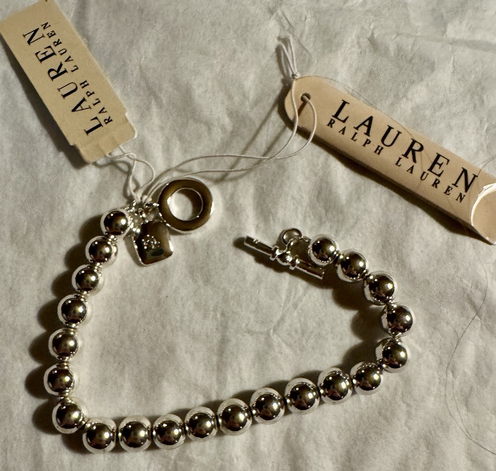 Lauren Ralph Lauren Signed SilverTone Ball Bead 7.4” Bracelet New With Tag