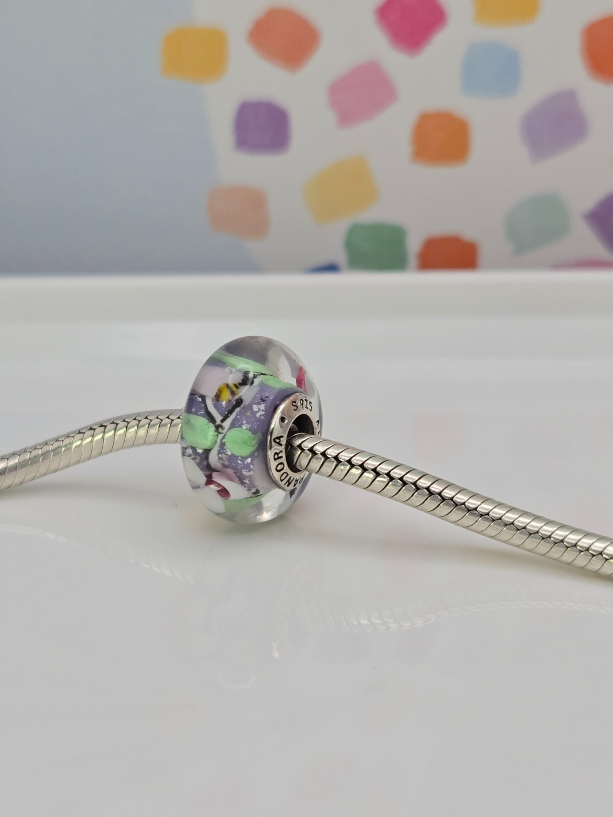Authentic Pandora Bee silver flowers bee Murano Glass Silver murano Charm
