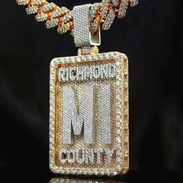Custom Name Pendant 3 Ct Real Moissanite 5 cm x 3.5 cm 14K Yellow Gold Plated