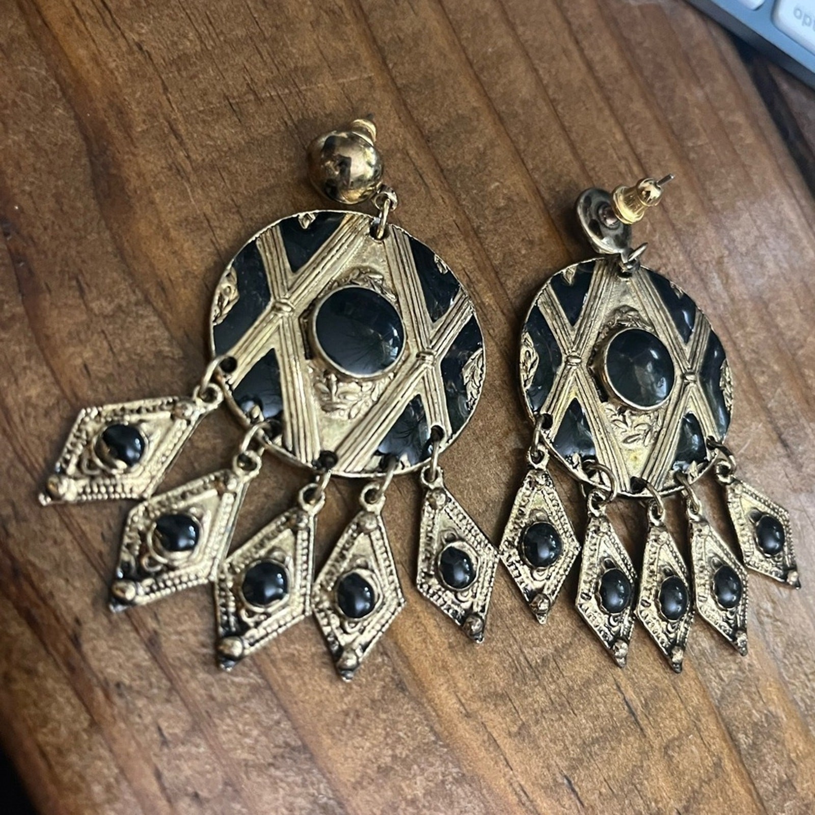 Vintage 80s 1980s HUGE Gold and Black Stone Oversized Chandelier Earrings