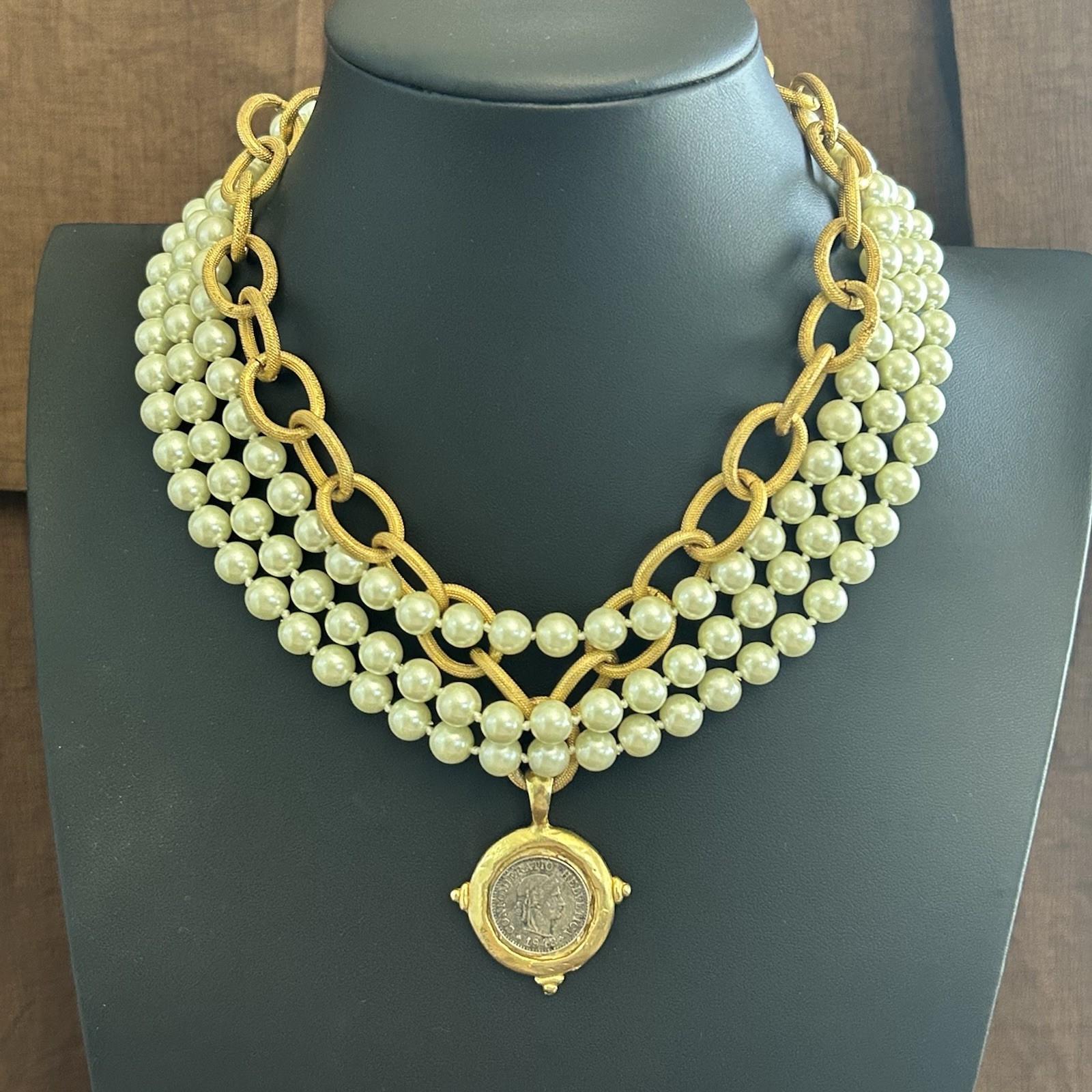 Gold Tone Multi-Strand Simulated Cream Pearl Link Chain Coin Pendant, Lobster