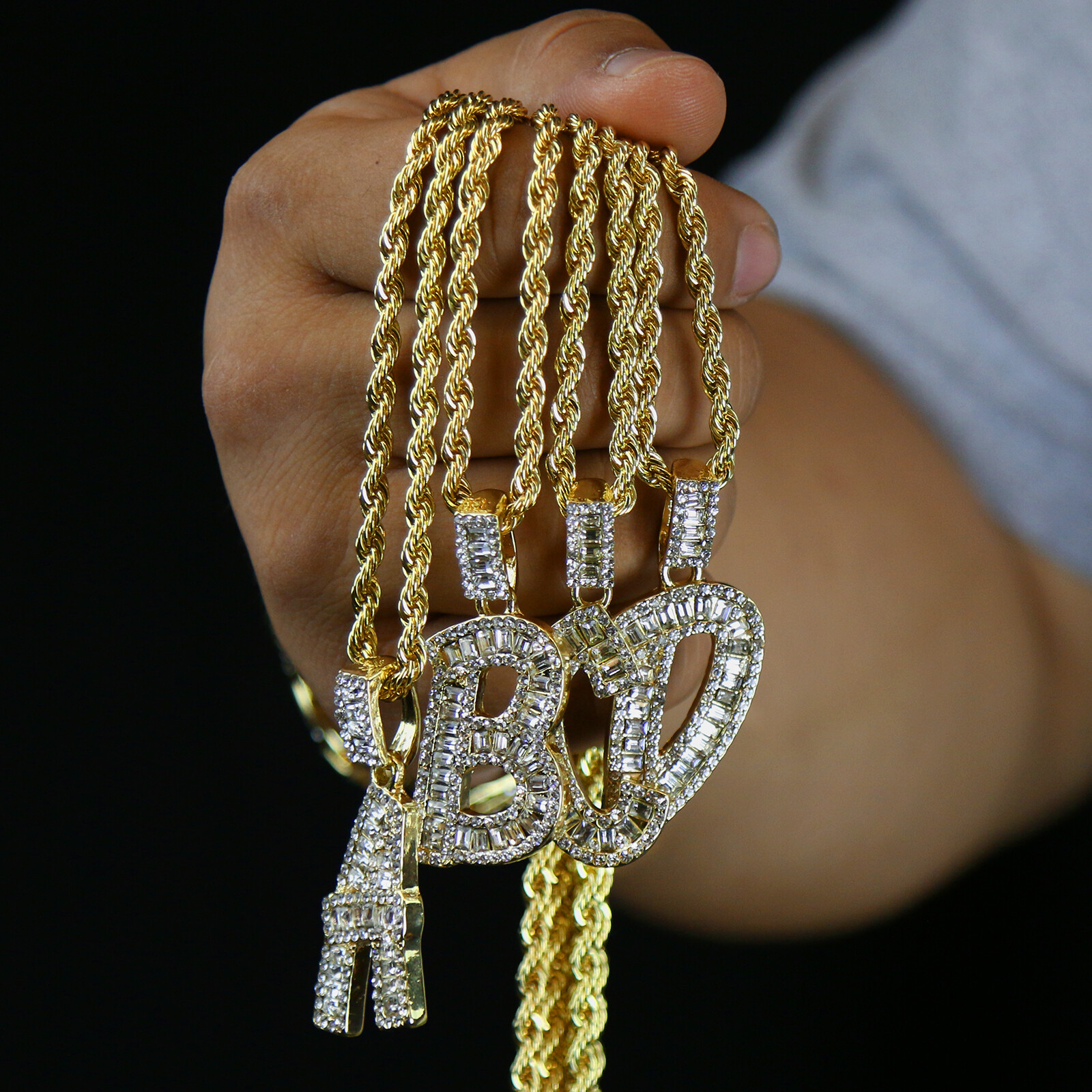 Initial Alphabet Letter Gold Plated Cut Pendant Cubic-Zirconia 24″ Rope Chain