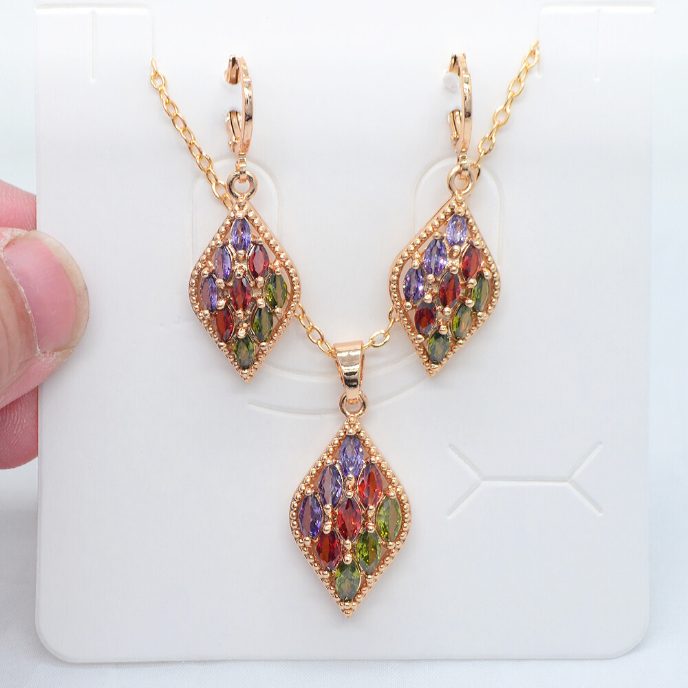 18K Yellow Gold Filled Women Multicolor Topaz Lozenge Design Jewelry Set