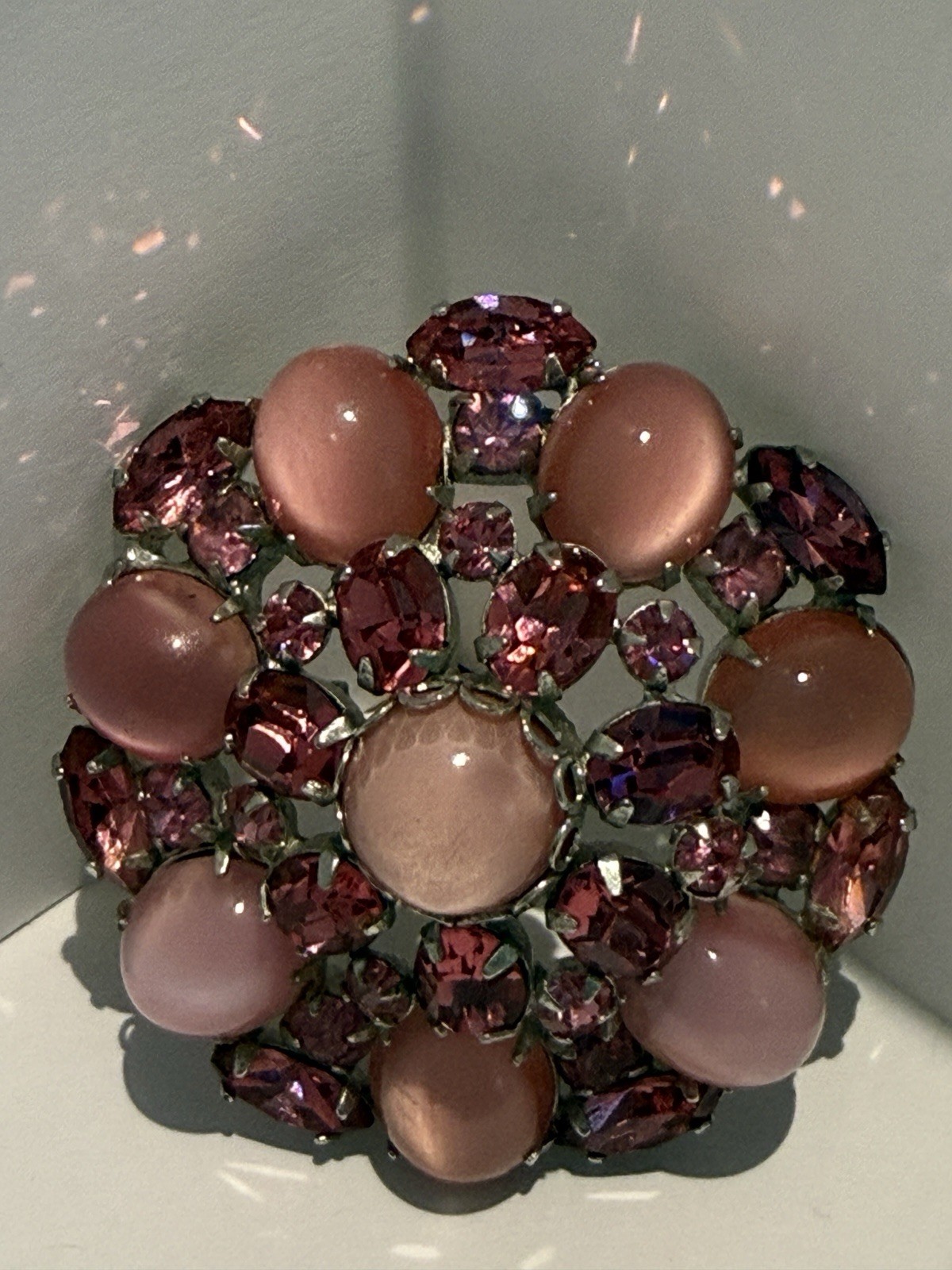 Vintage Pink Rhinestone & Glass Cabochon Flower Brooch Pin Silver Tone