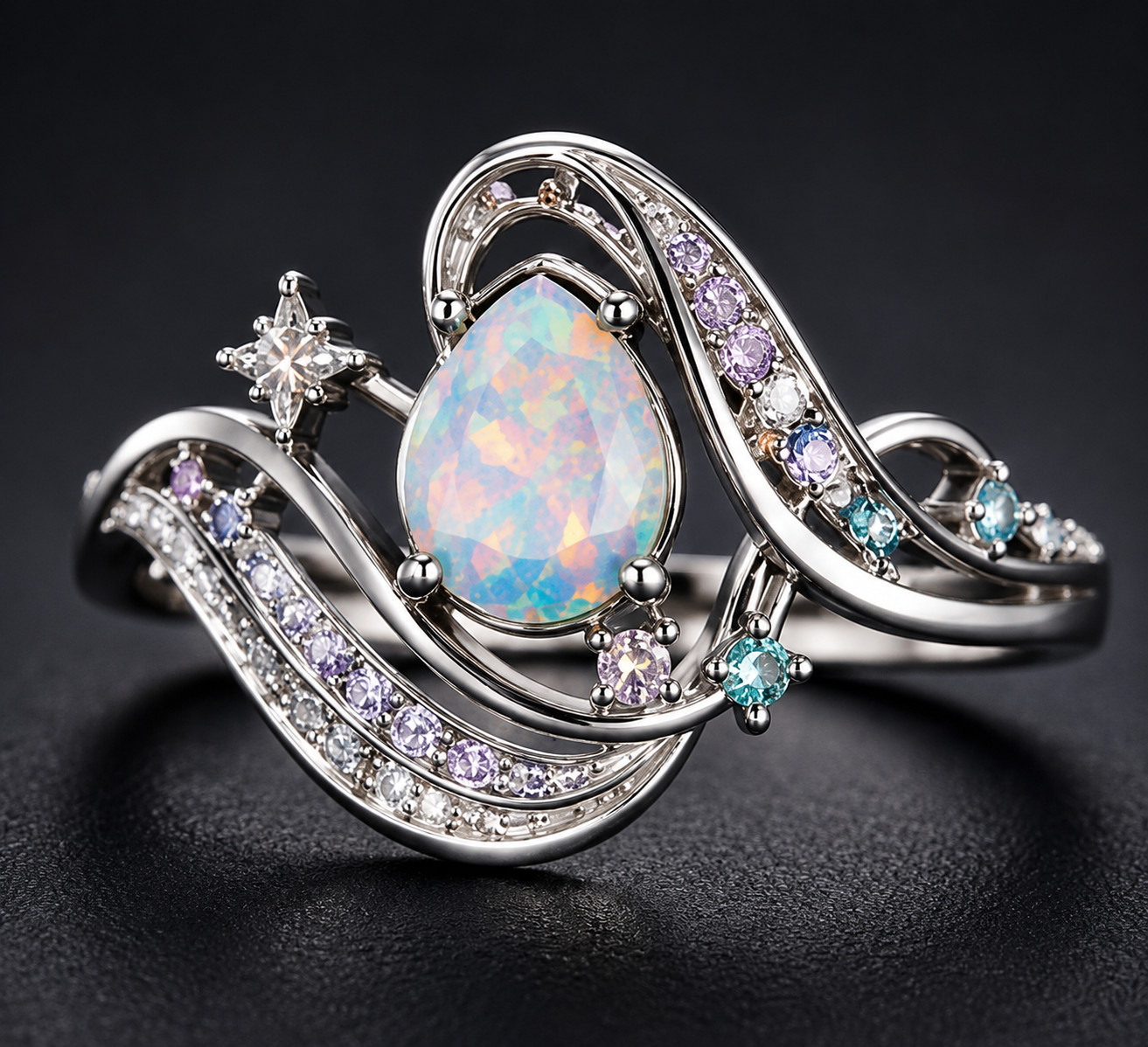 925 Sterling Silver Pear Opal Ring | Elegant CZ Wave Ring for Women
