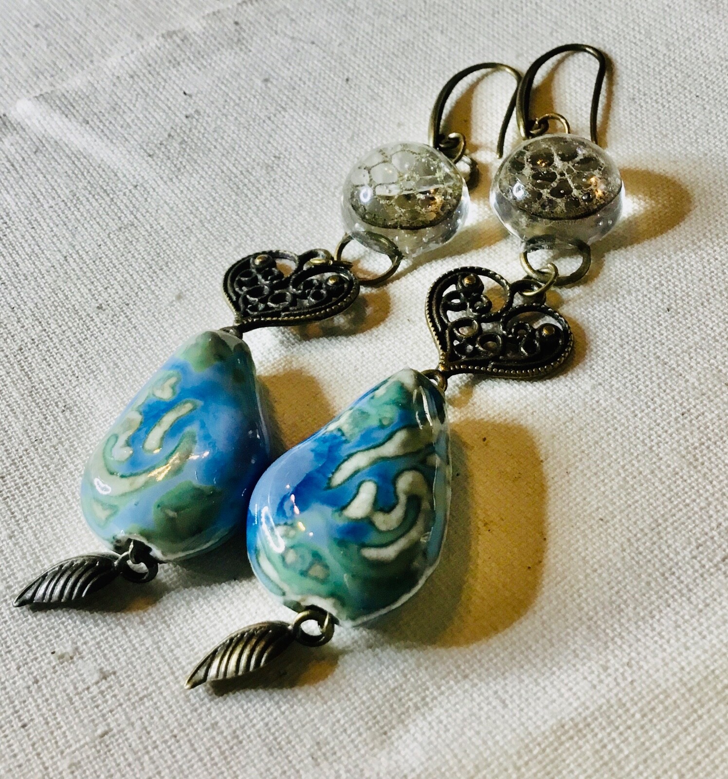 Sacred Bloom – Real Lotus Flower & Ceramic Drop Earrings | Antique Bronze