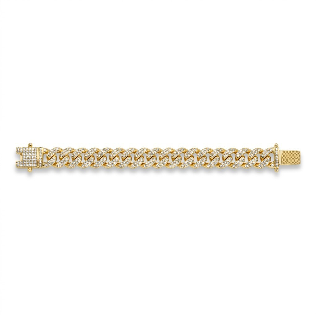 Gold Tone Cuban Link Chain Bracelet Pavé White Round Crystal Box Clasp