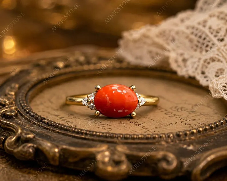 Lab Created Red Coral Ring, Base Metal: Brass Finish: Gold Plated, Gift