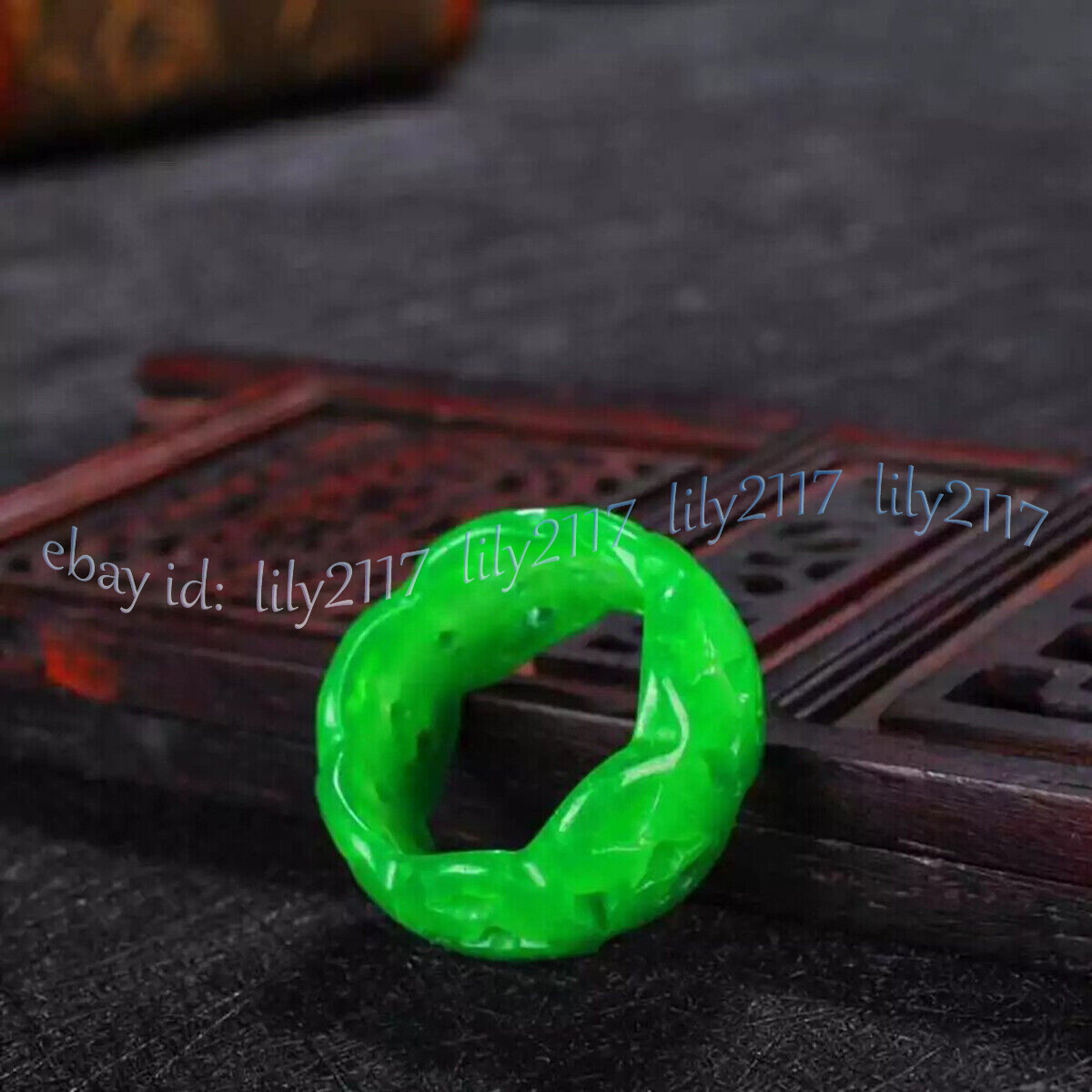 Chinese Natural A Green Jade Jadeite Carved Hollow Out Finger Rings Lucky Amulet