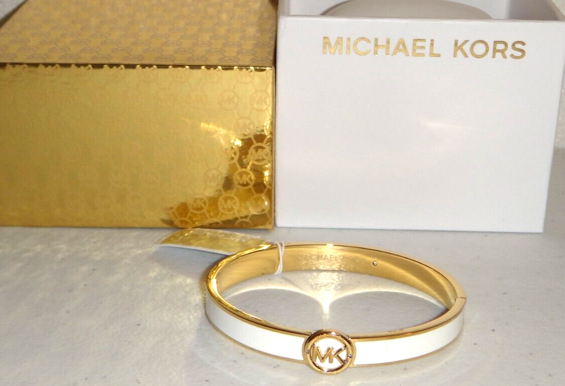 Michael Kors Gold S/ Steel & White Enamel Bangle Bracelet MKJ7868710 + MK BOX