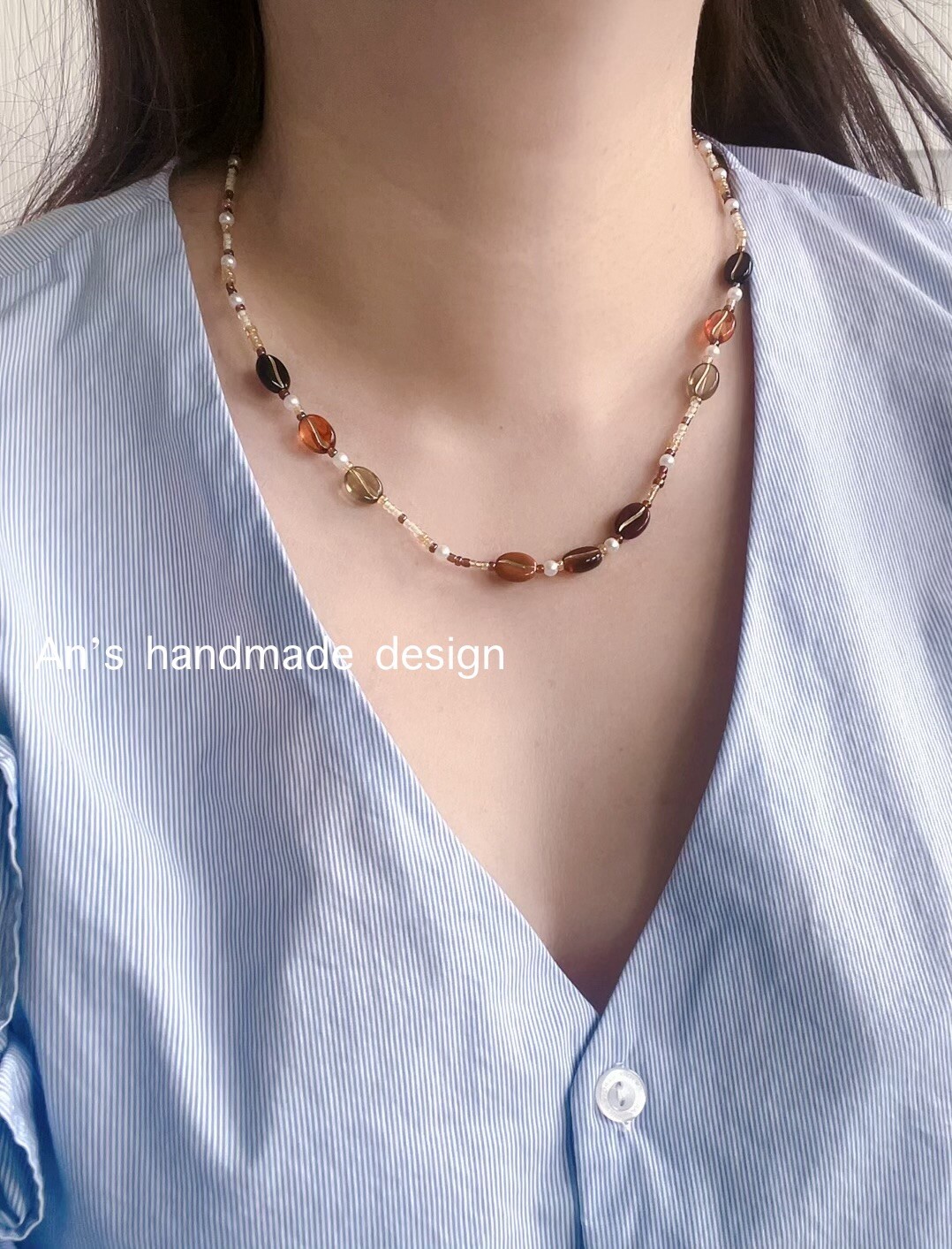 Women Gold Adjustable Coffee Beaded Necklace Pearls Bracelet Handmade Jewelry