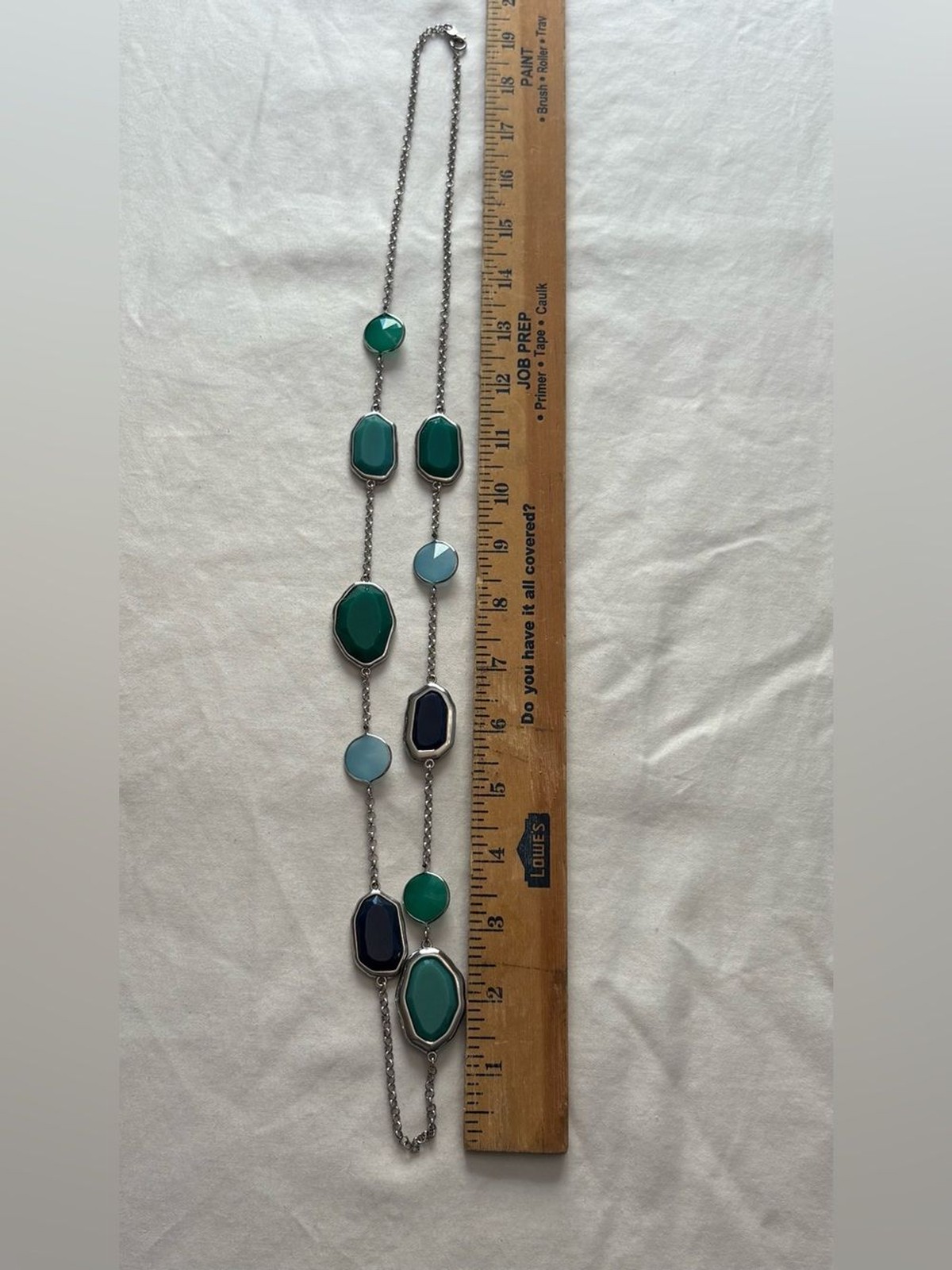 Premier Designs Teal Blue Station Necklace Silver Tone Faceted Stone Necklace
