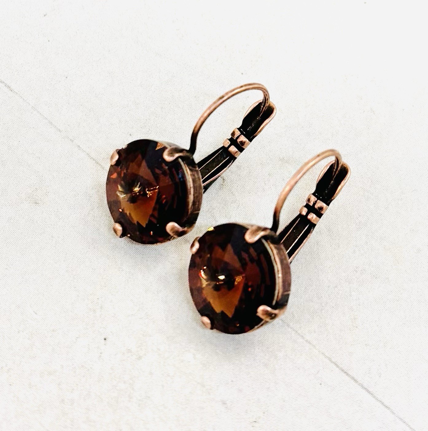 12mm Antique Copper Chocolate Brown Cup Chain Earrings with Smoked Topaz Stones