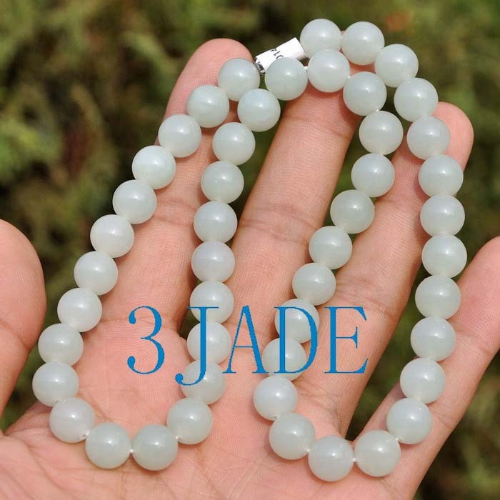 18″ Natural White Hetian Nephrite Jade Beads Necklace, w/ Certificate