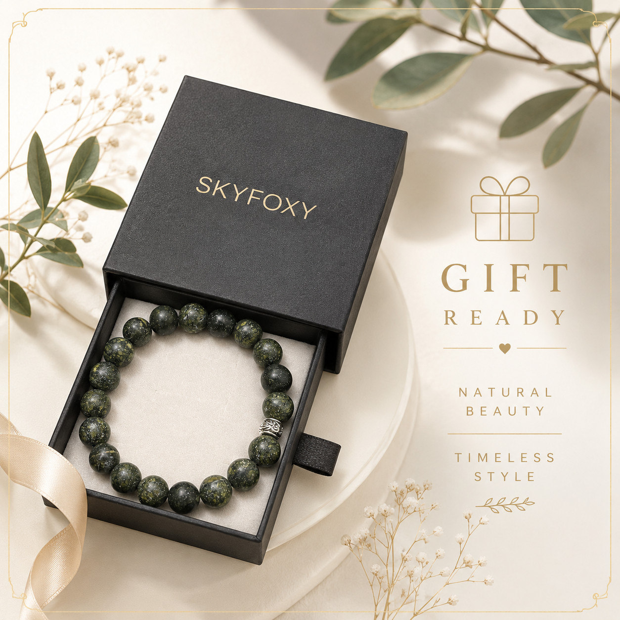 Natural Green Serpentine Bracelet 10mm Gemstone Beaded Stretch Gift