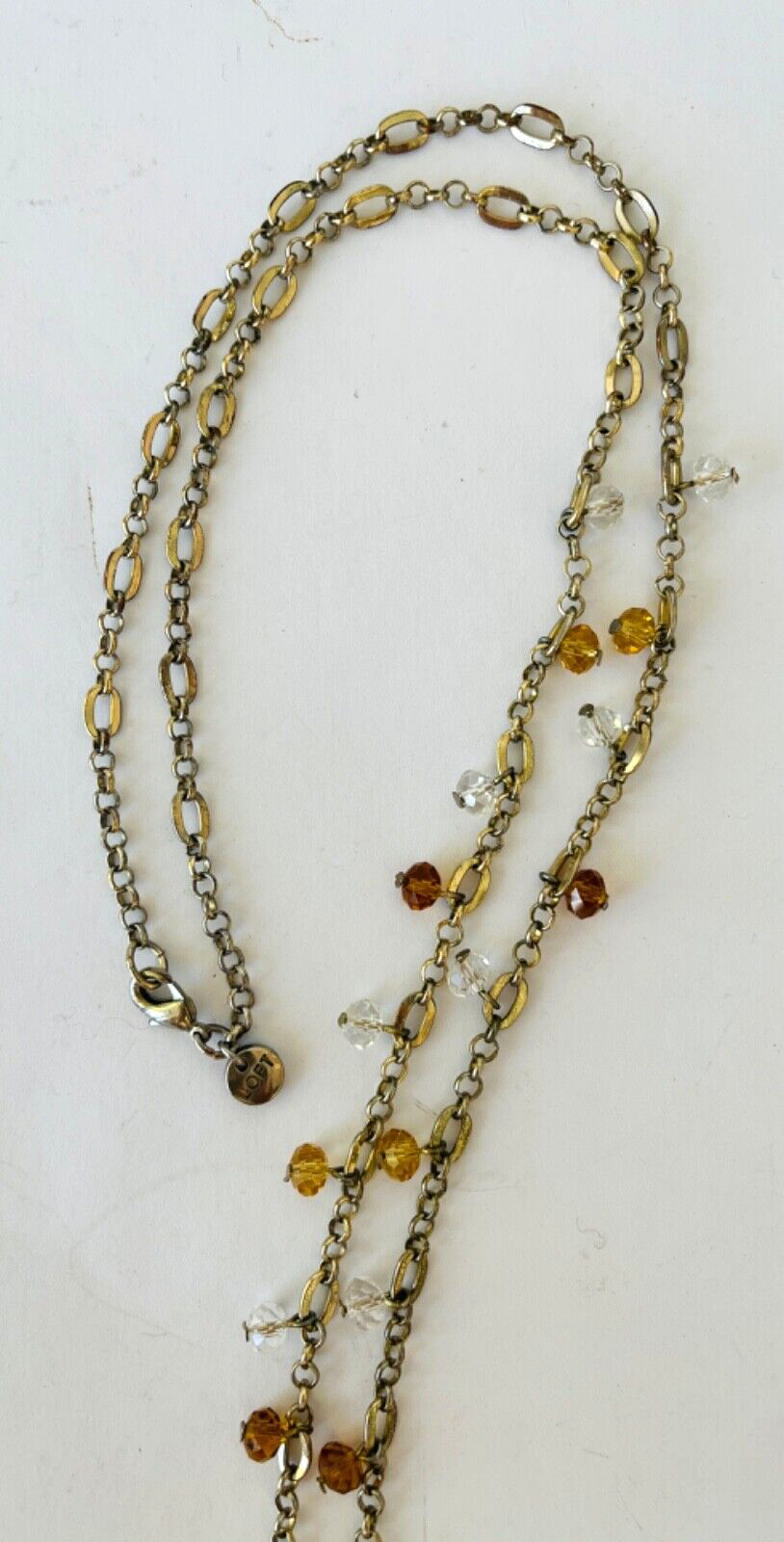 Loft Beaded Necklace Gold Pink White on Chain 32″ Plus 2″ Fringe Tassel Pendant